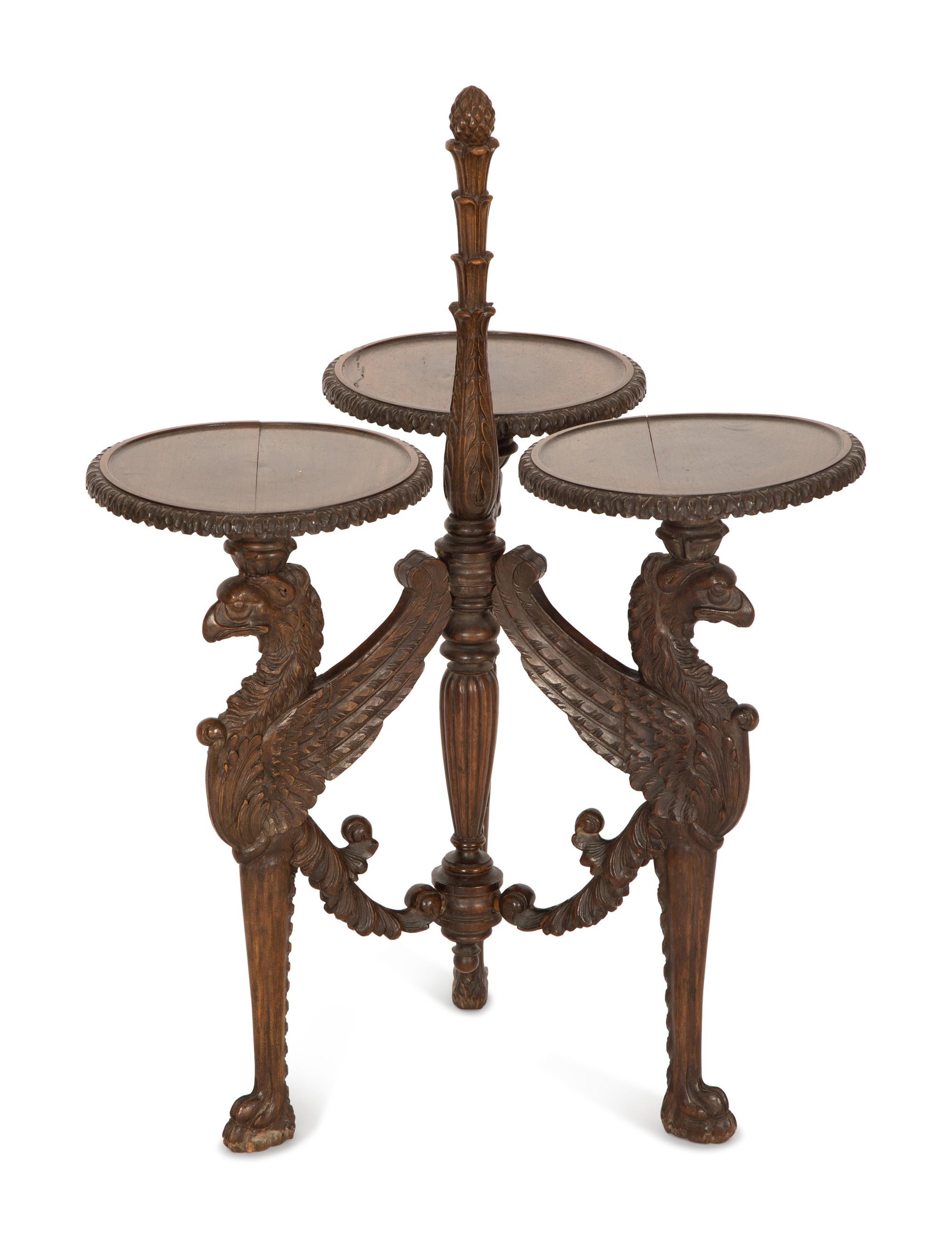 An Unusual English Carved Walnut Three-Part Stand
