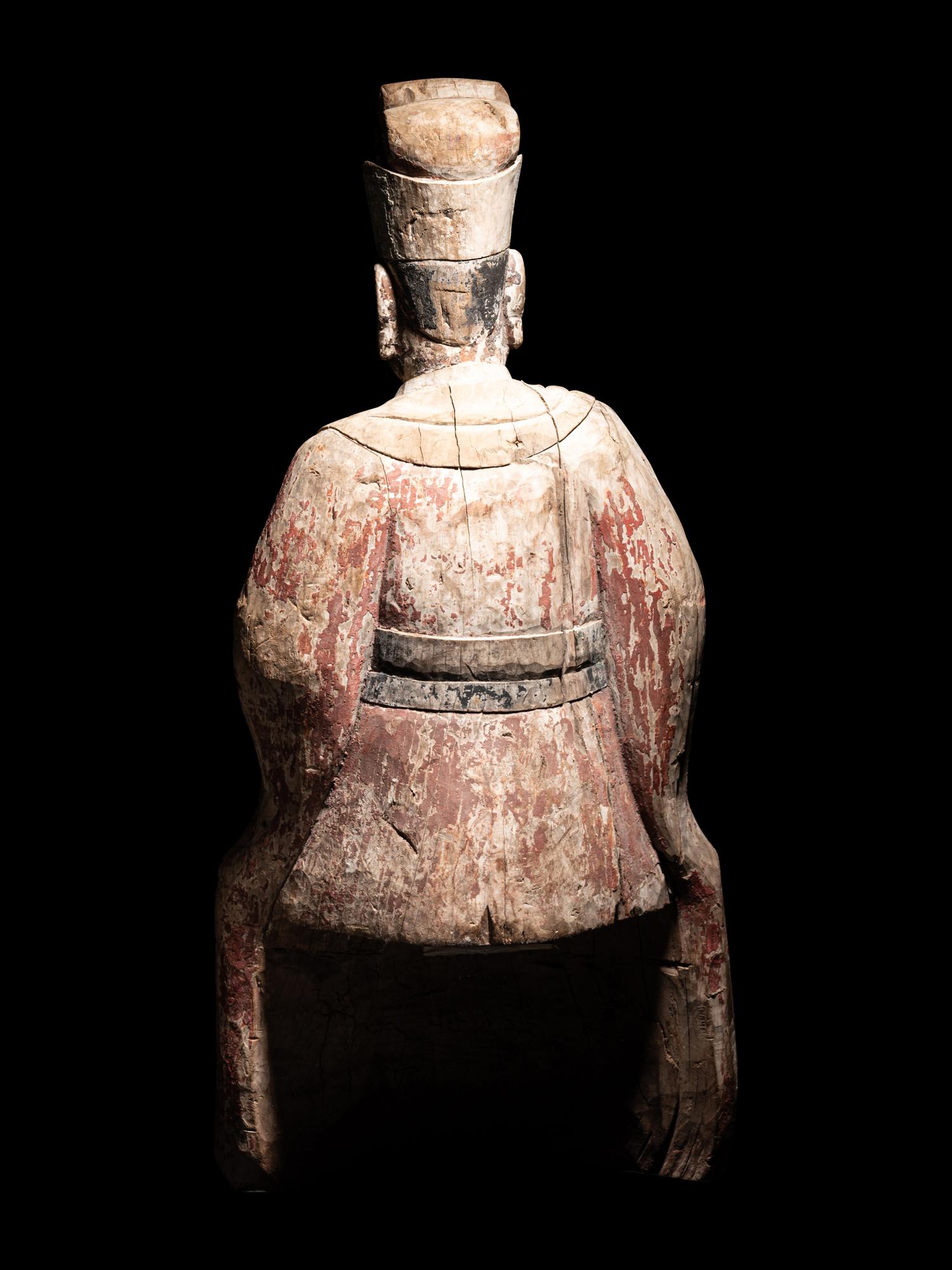Two Large Carved Wood Figures of Seated Daoist Immortals