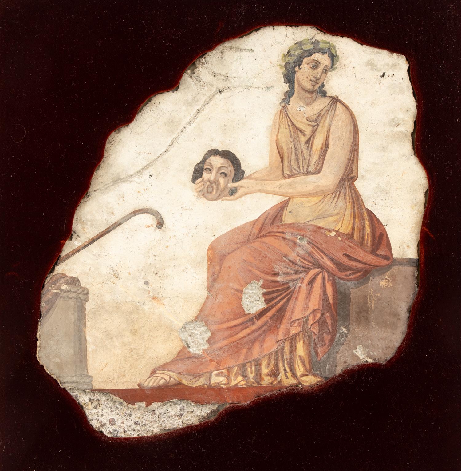 A Roman Style Fragmentary Wall Painting of a Muse