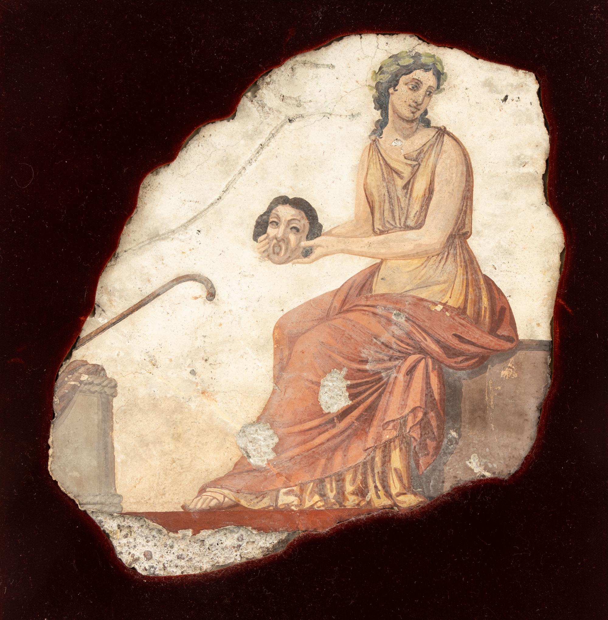 A Roman Style Fragmentary Wall Painting of a Muse