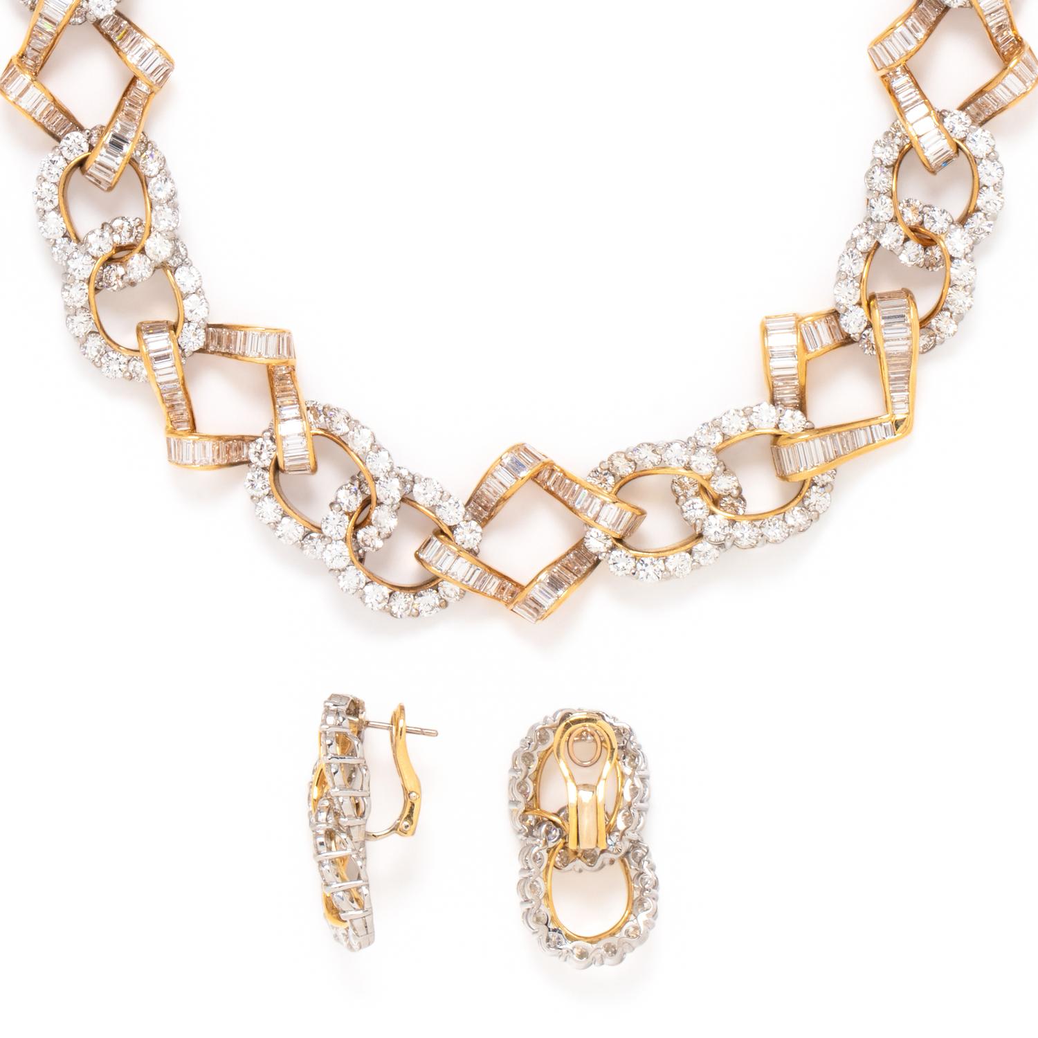 DIAMOND, YELLOW GOLD AND PLATINUM NECKLACE AND EARRINGS