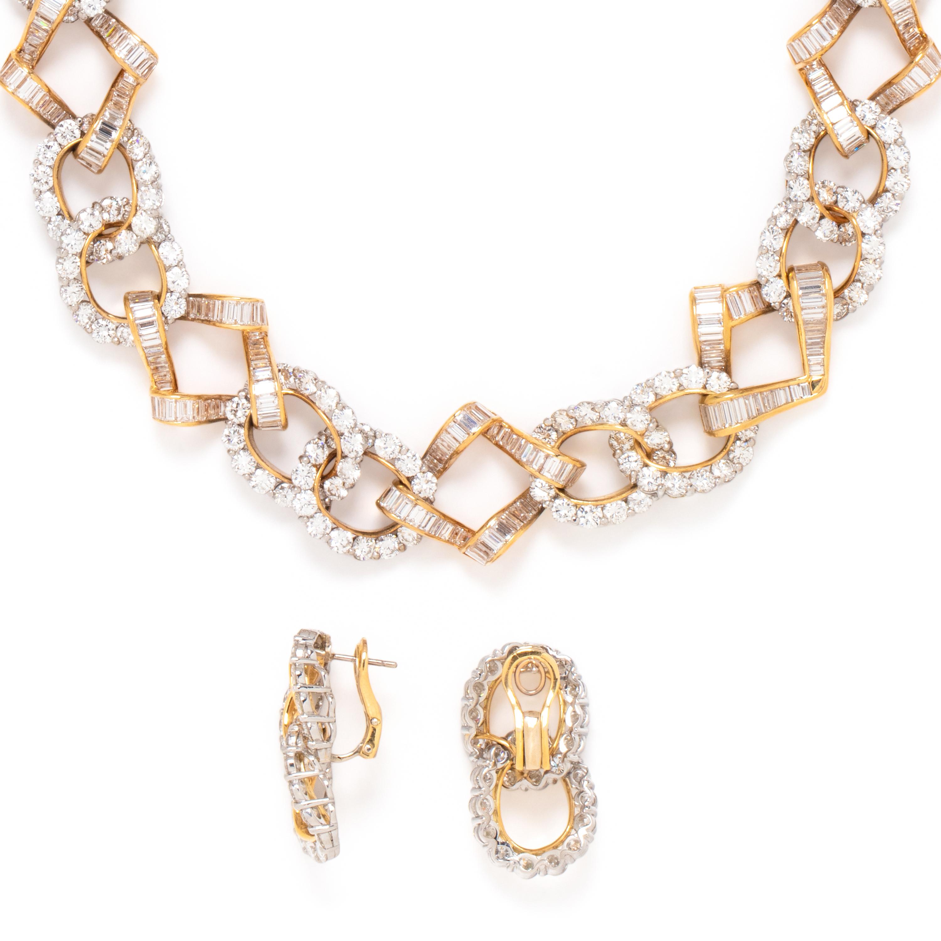 DIAMOND, YELLOW GOLD AND PLATINUM NECKLACE AND EARRINGS