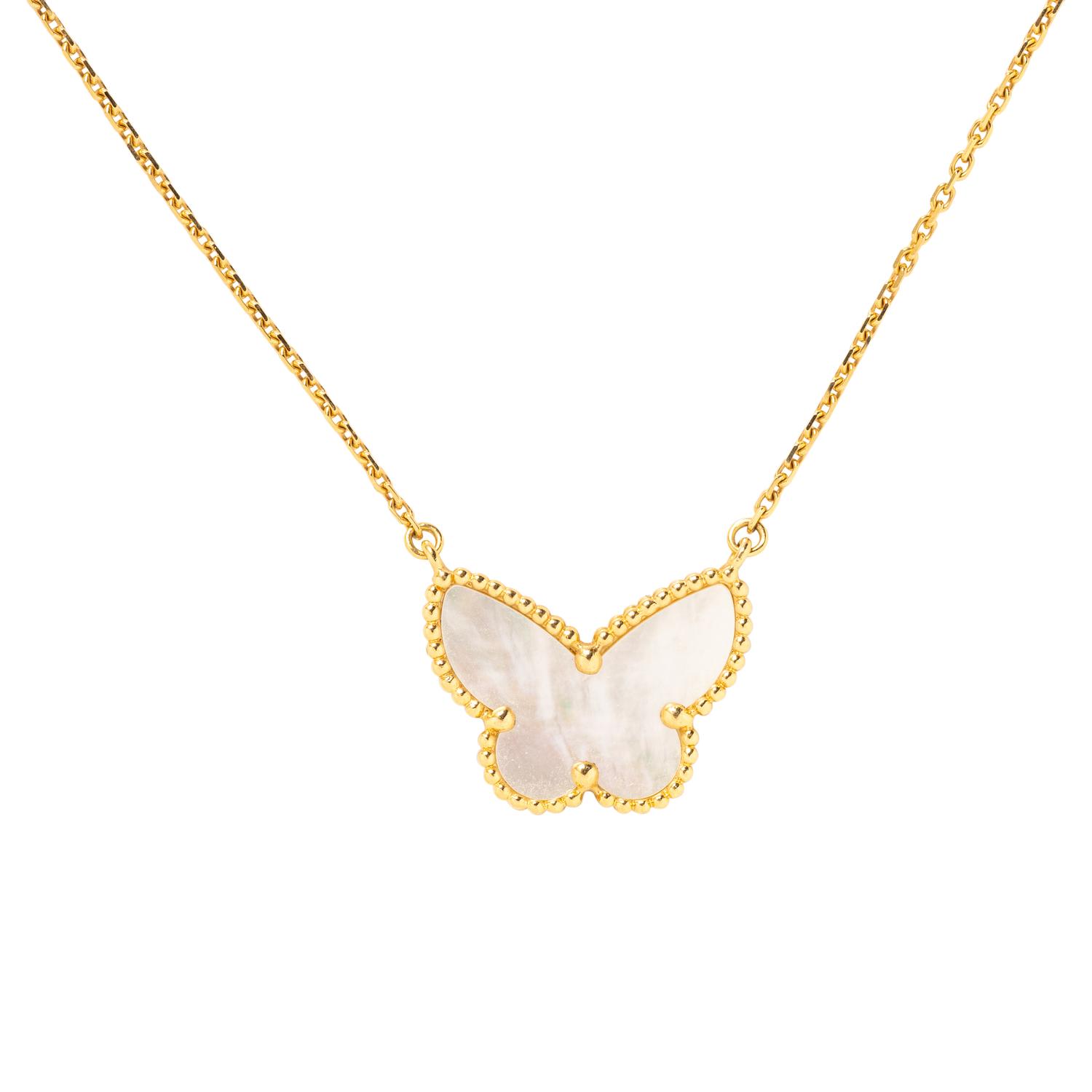 VAN CLEEF & ARPELS, YELLOW GOLD AND MOTHER-OF-PEARL 'LUCKY ALHAMBRA BUTTERFLY' NECKLACE