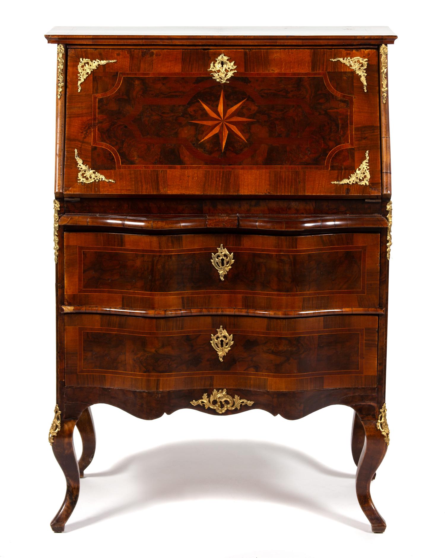 A Continental Rococo Style Gilt Bronze Mounted Inlaid Walnut Drop Front Desk Height 44 3/4 x width 31 3/4 x depth 18 inches. — 19TH CENTURY