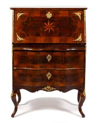 A Continental Rococo Style Gilt Bronze Mounted Inlaid Walnut Drop Front Desk Height 44 3/4 x width 31 3/4 x depth 18 inches. — 19TH CENTURY