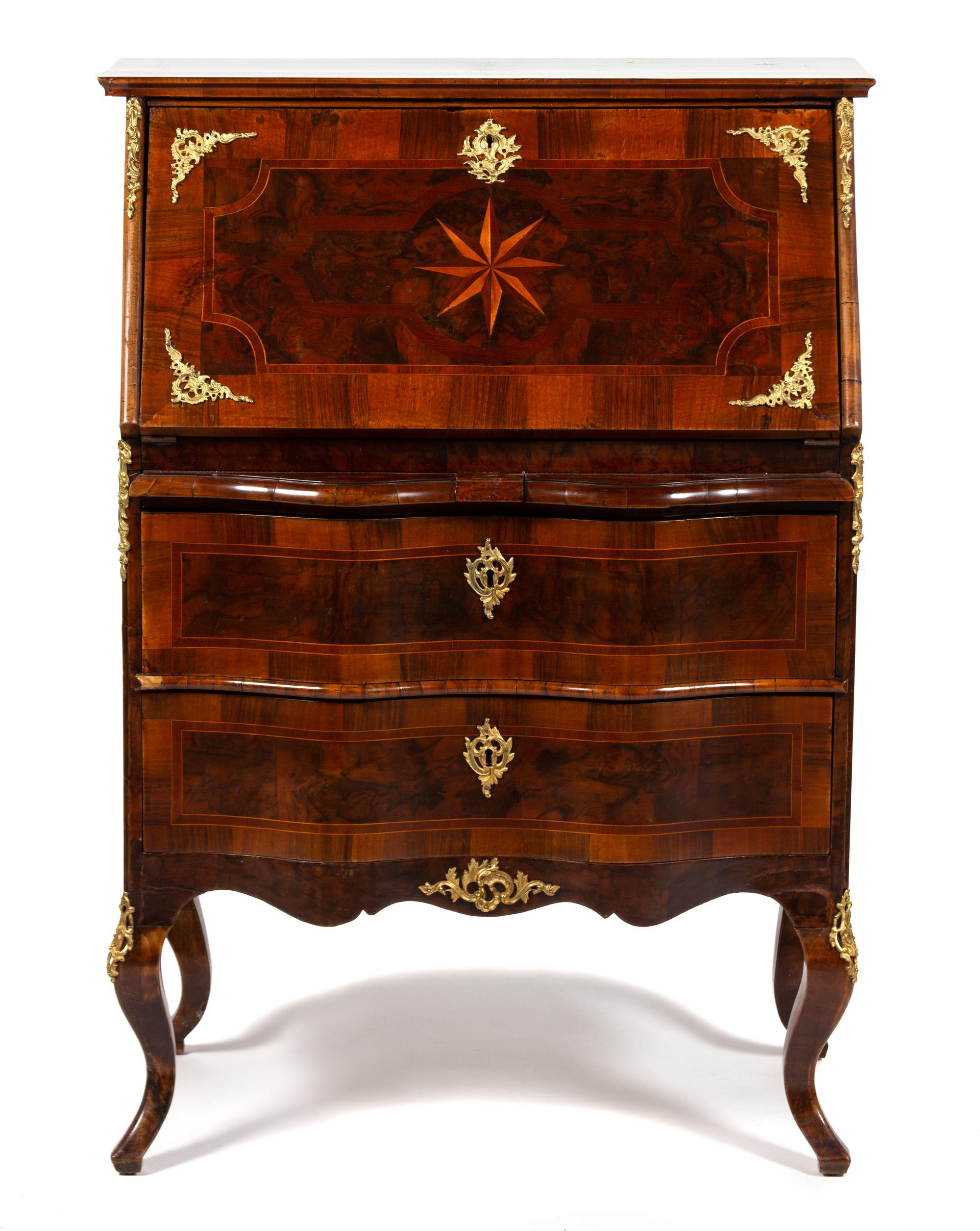 A Continental Rococo Style Gilt Bronze Mounted Inlaid Walnut Drop Front Desk Height 44 3/4 x width 31 3/4 x depth 18 inches. — 19TH CENTURY