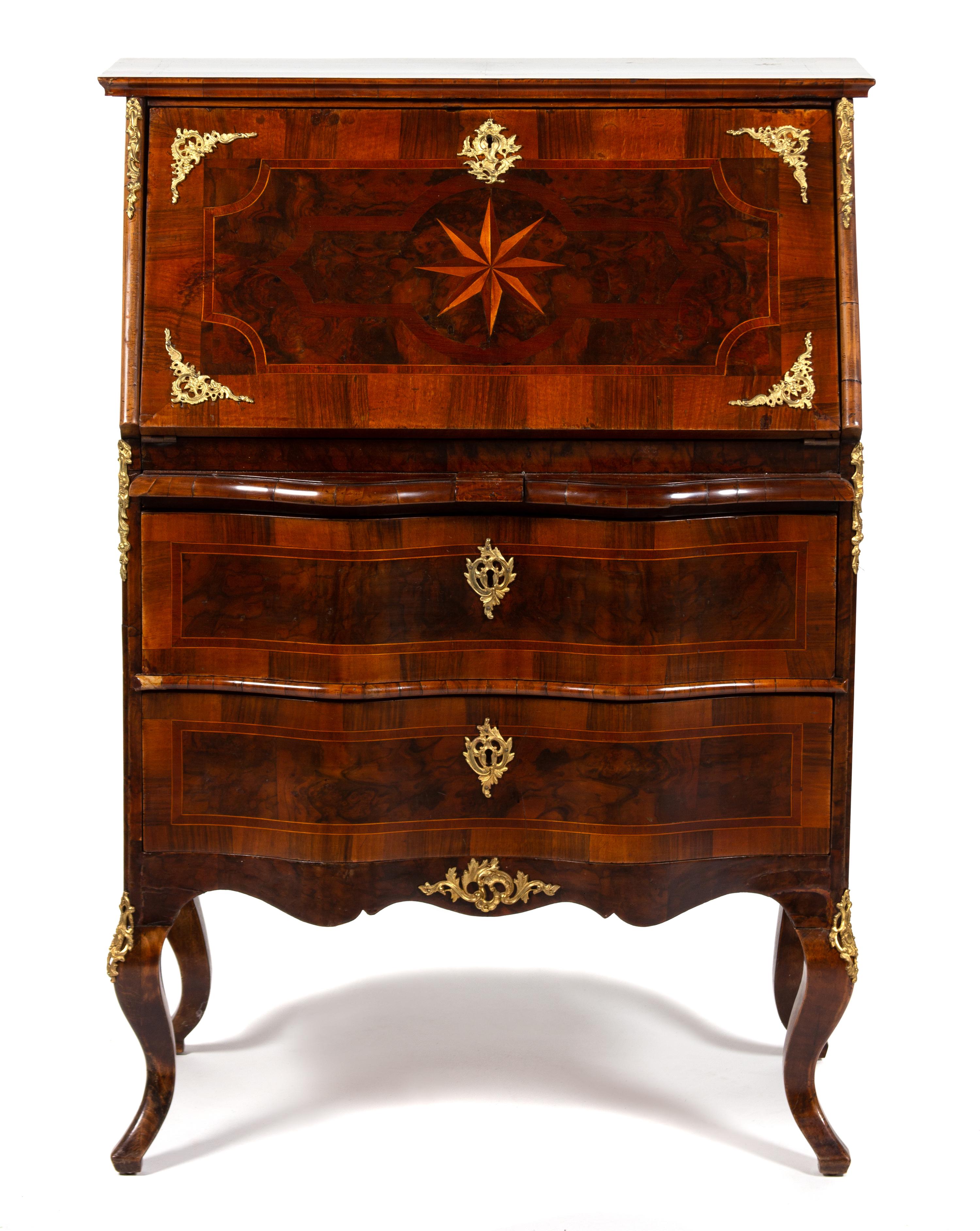 A Continental Rococo Style Gilt Bronze Mounted Inlaid Walnut Drop Front Desk Height 44 3/4 x width 31 3/4 x depth 18 inches. — 19TH CENTURY