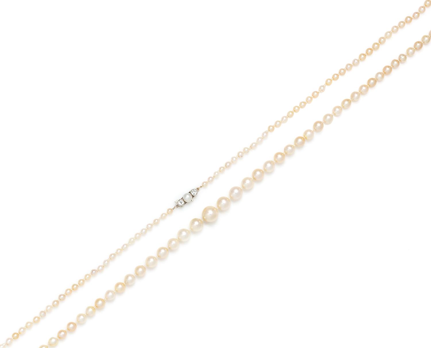 A Graduated Single Strand Cultured Pearl Necklace with Natural Pearl Clasp,