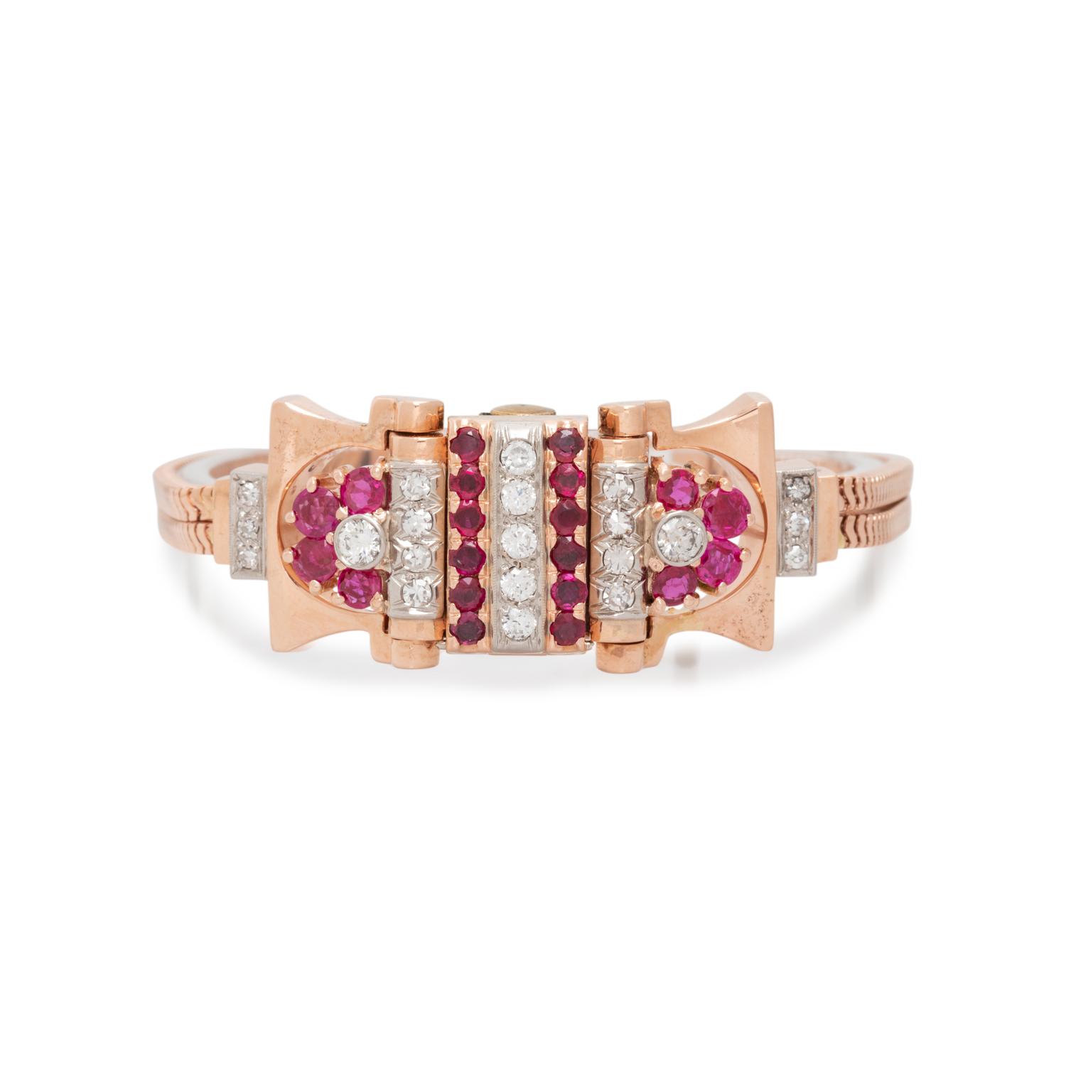 HAMILTON, RETRO, 14K ROSE GOLD, RUBY AND DIAMOND SURPRISE WRISTWATCH