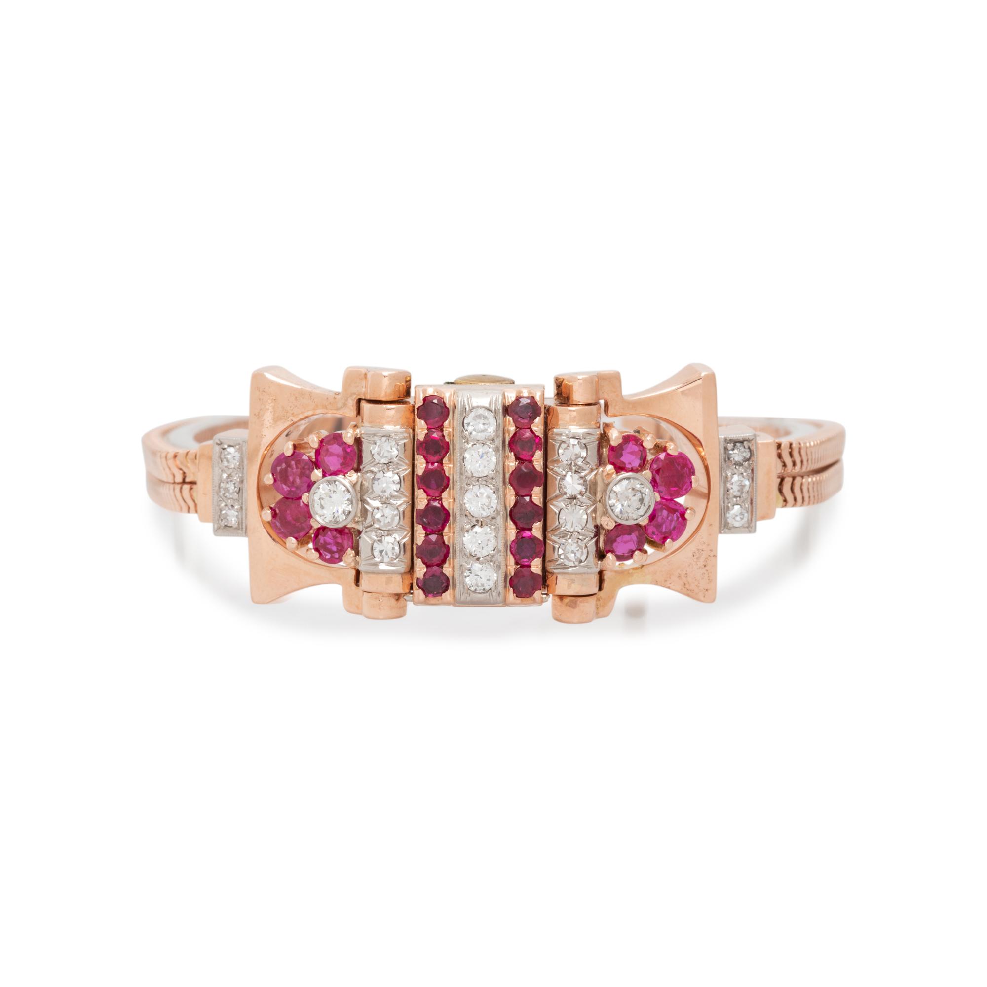 HAMILTON, RETRO, 14K ROSE GOLD, RUBY AND DIAMOND SURPRISE WRISTWATCH
