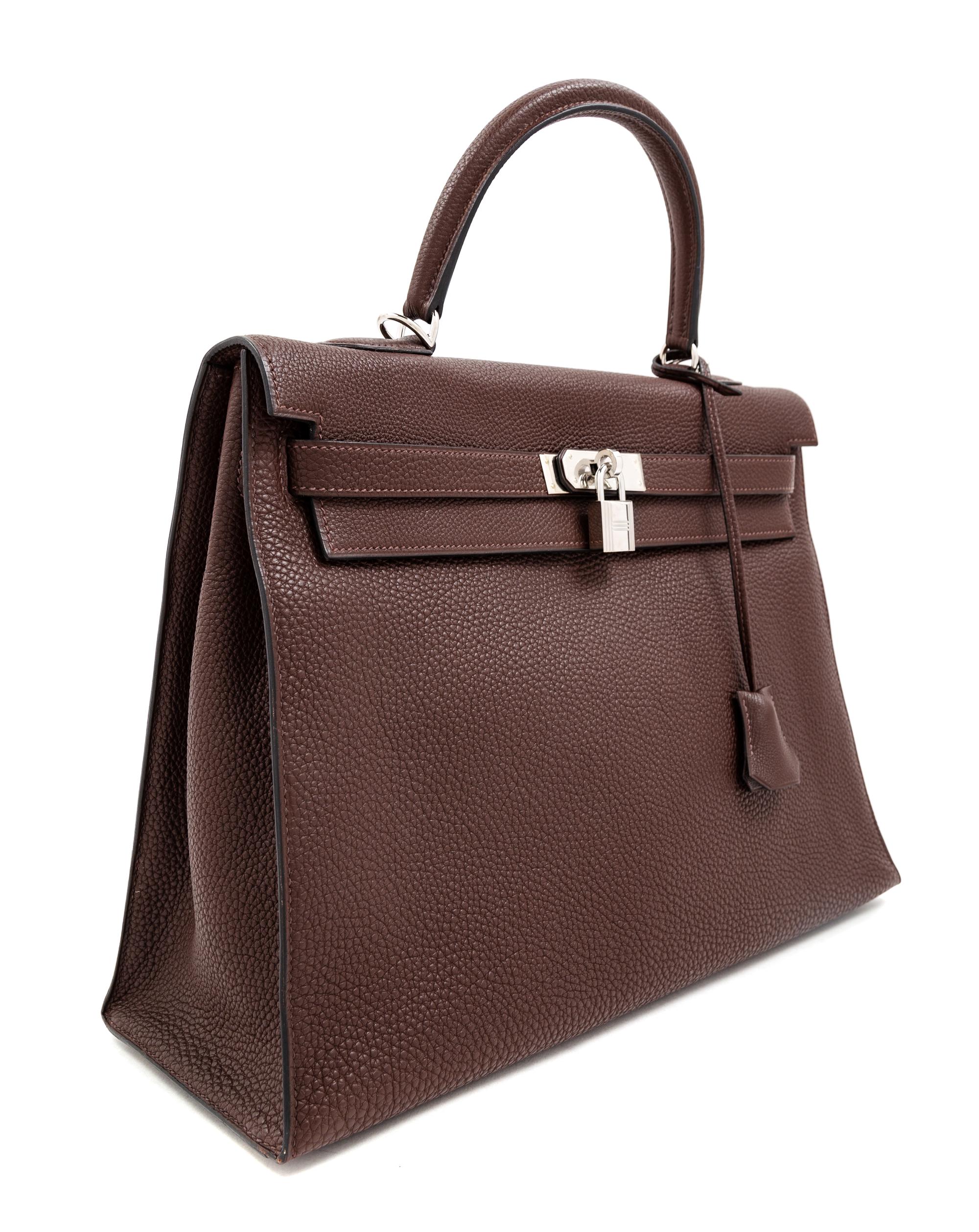 An Hermès Brown Togo 36cm Kelly, 10" H x 14" W x 5" D; Handle drop: 3.5".