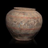 A Chinese Painted Pottery 'Mythical Beast' Jar, Han Dynasty — 漢 灰陶彩繪狩獵圖大罐