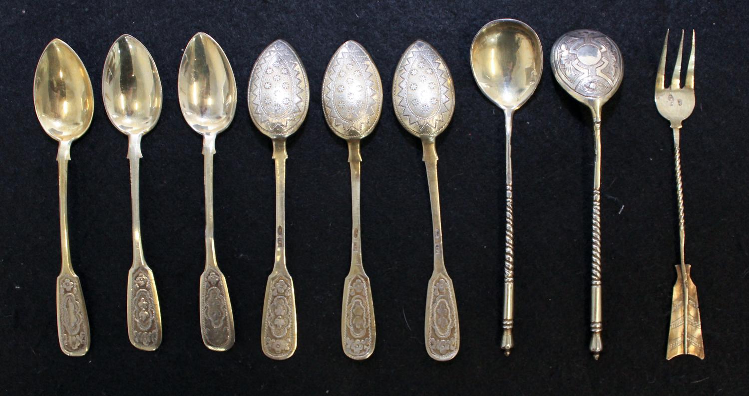 A Group of Eight Russian Gilt-Silver Teaspoons, various makers, comprising six Fiddle form teaspoons with the mark of Prokopy Ivanovick