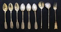 A Group of Eight Russian Gilt-Silver Teaspoons, various makers, comprising six Fiddle form teaspoons with the mark of Prokopy Ivanovick