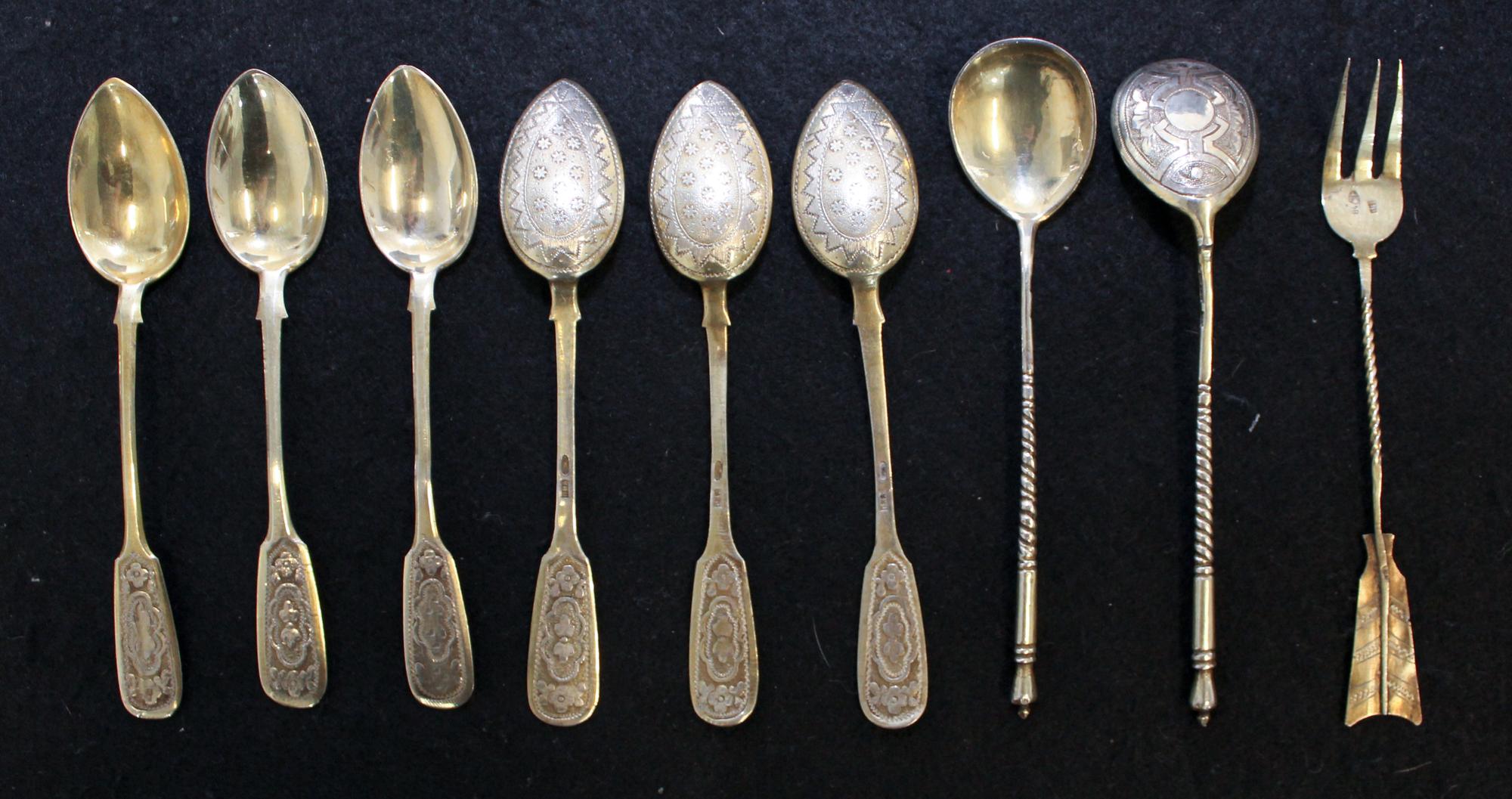 A Group of Eight Russian Gilt-Silver Teaspoons, various makers, comprising six Fiddle form teaspoons with the mark of Prokopy Ivanovick