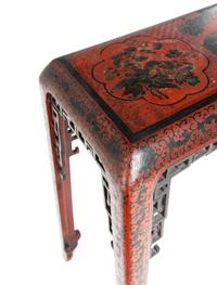 A Chinese Red Ground Polychrome Lacquered Side Table, Tiaozhuo
