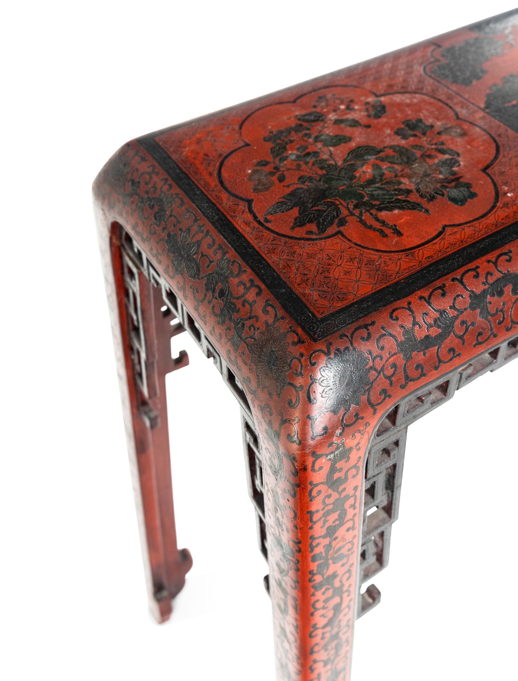A Chinese Red Ground Polychrome Lacquered Side Table, Tiaozhuo