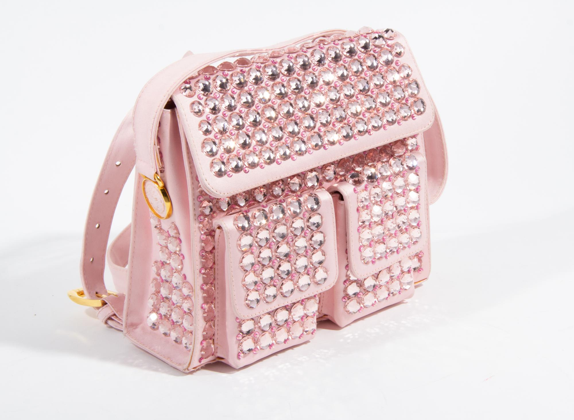 A Gianni Versace Pink Silk and Rhinestone Backpack, 8.5" x 7" x 2.75"; Handle drop: 6".