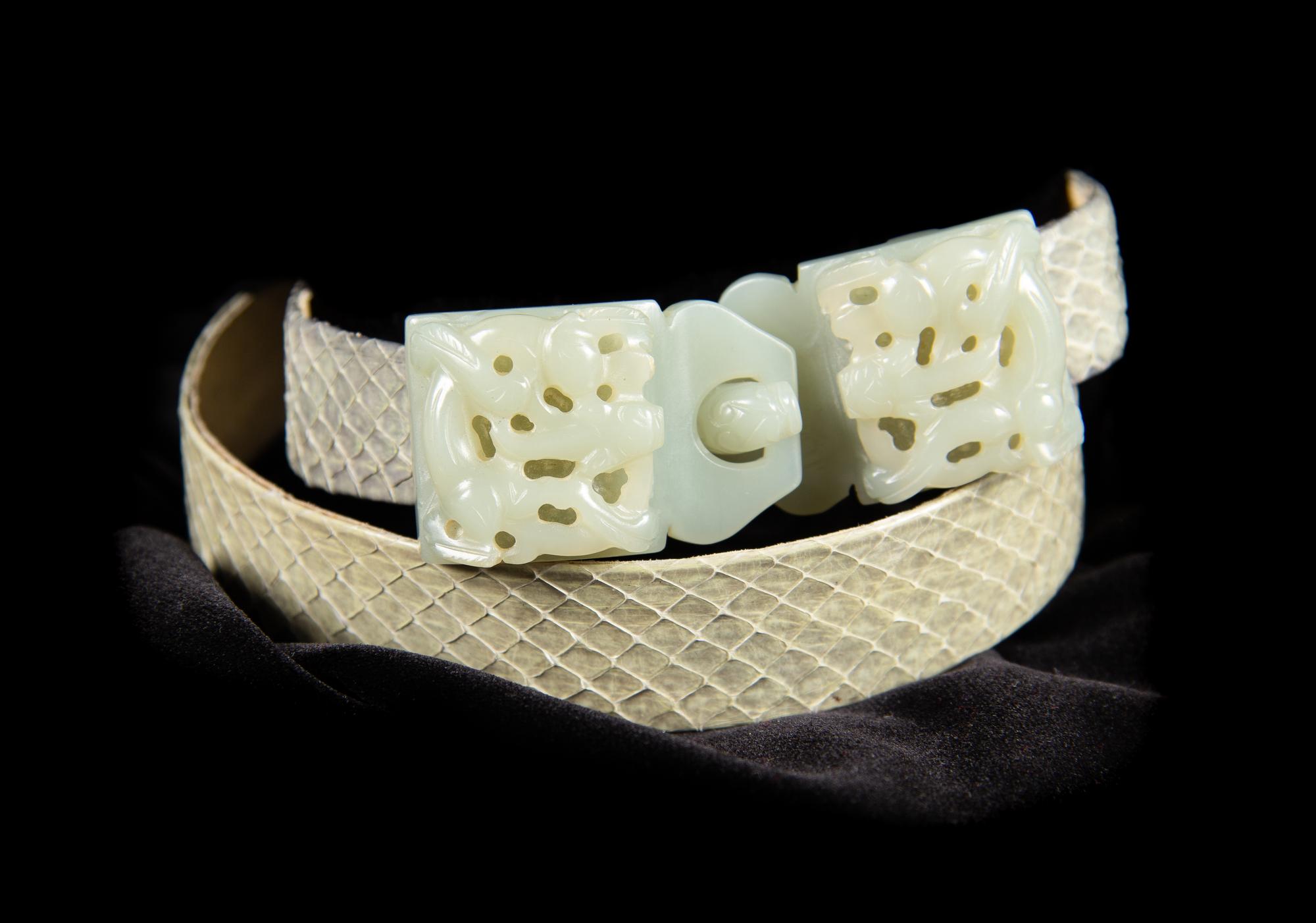 A Celadon Jade Belt Buckle Length 3 1/2 x height 1 1/4 inches. — 19TH CENTURY