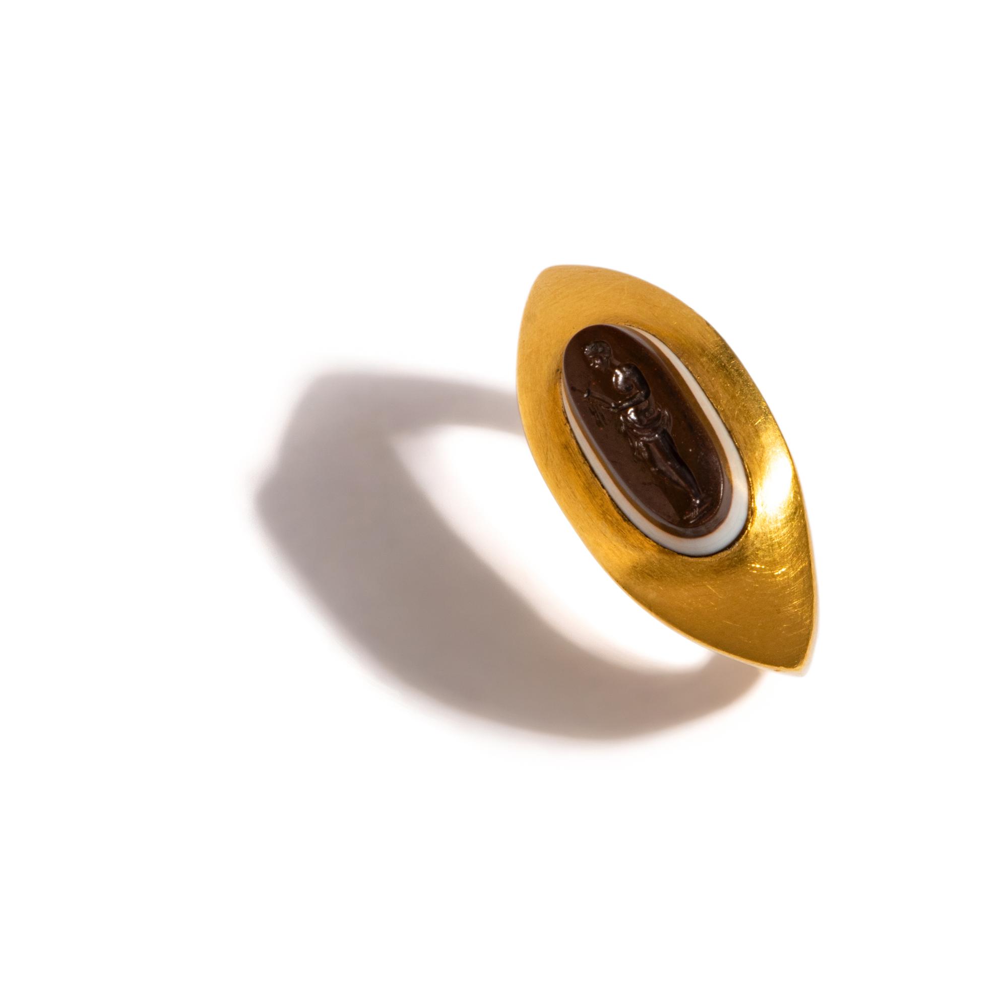 A Roman Banded Agate Intaglio with the Hero Theseus — Set in a gold ring