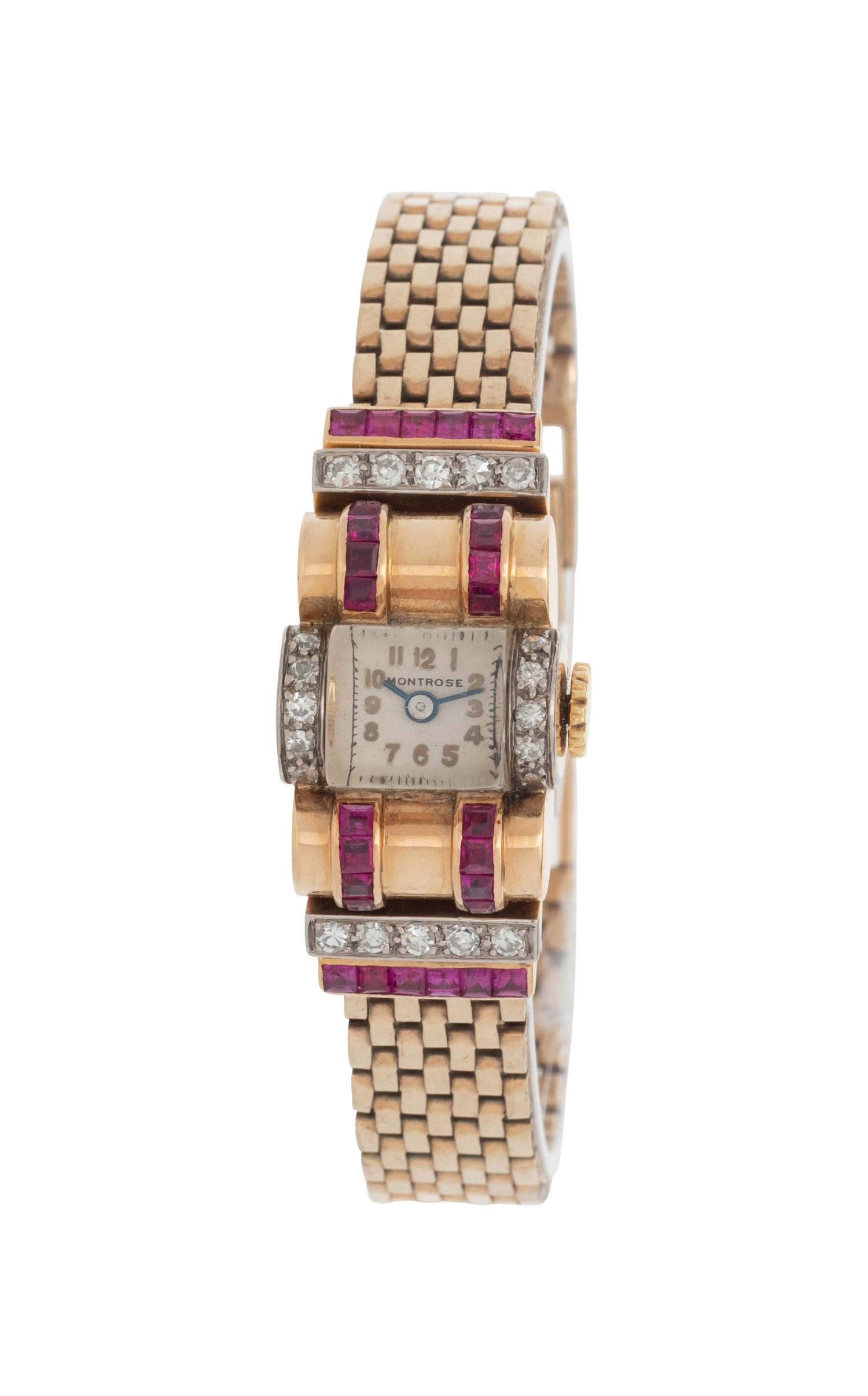 RETRO, MONTROSE, YELLOW GOLD, DIAMOND, AND SYNTHETIC RUBY WATCH