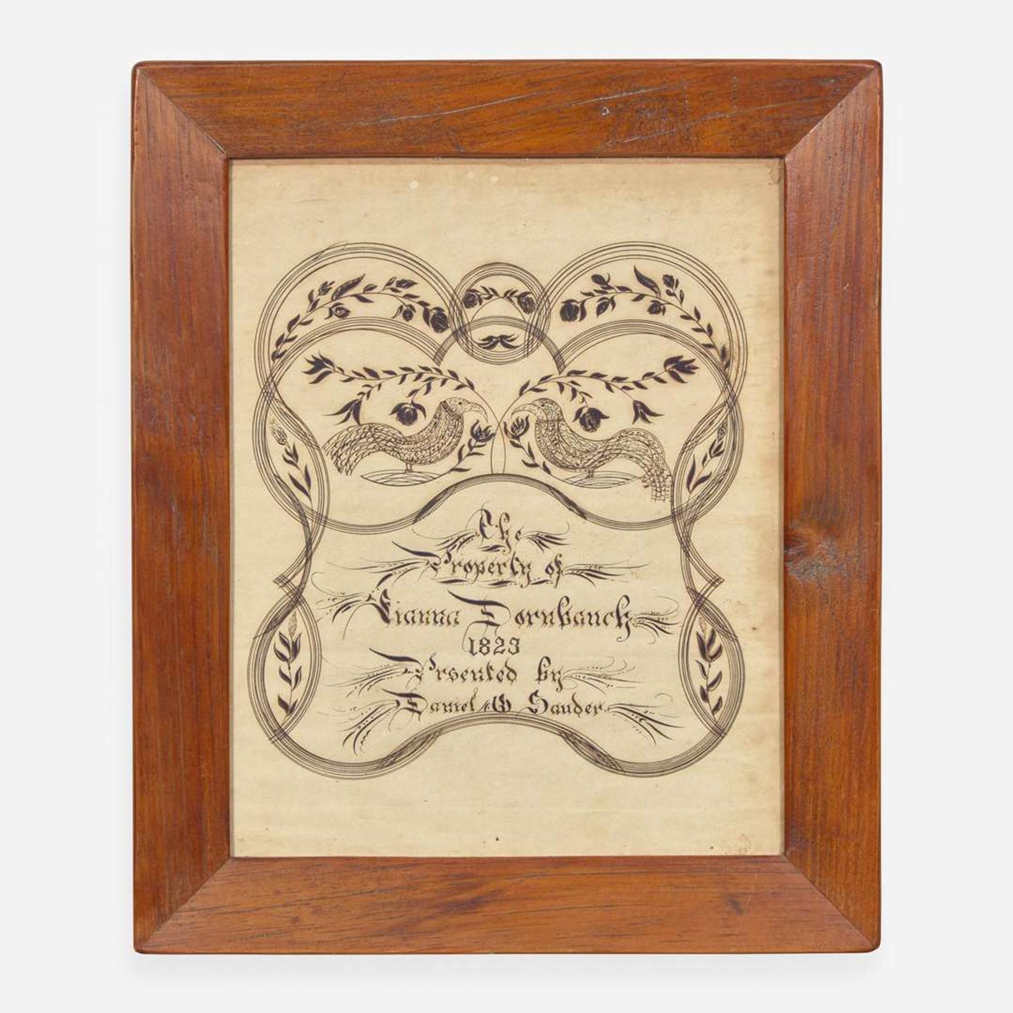 A Fraktur reward of merit for Hanna Dornbanck "Presented by Daniel Sauder," dated "1823"