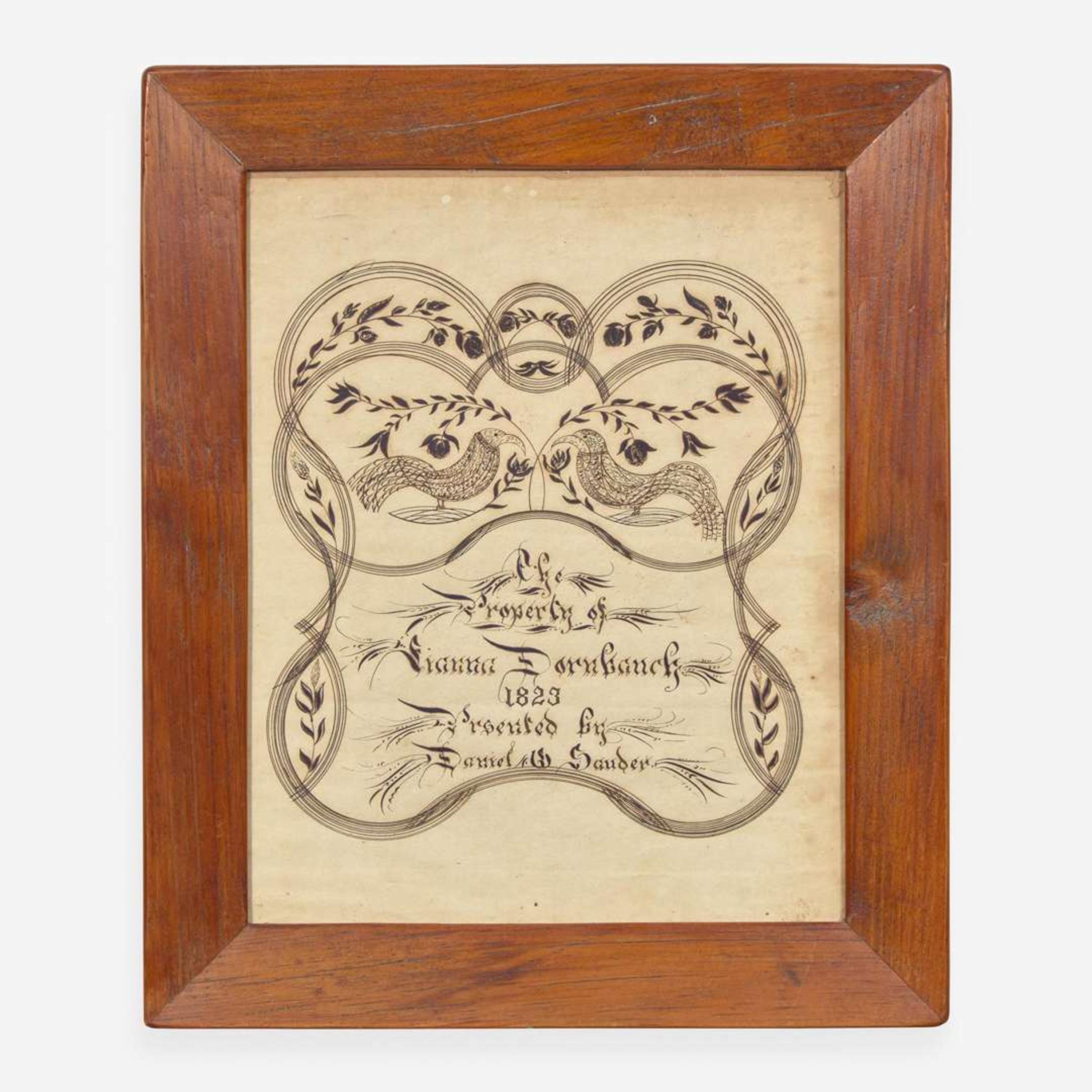 A Fraktur reward of merit for Hanna Dornbanck "Presented by Daniel Sauder," dated "1823"