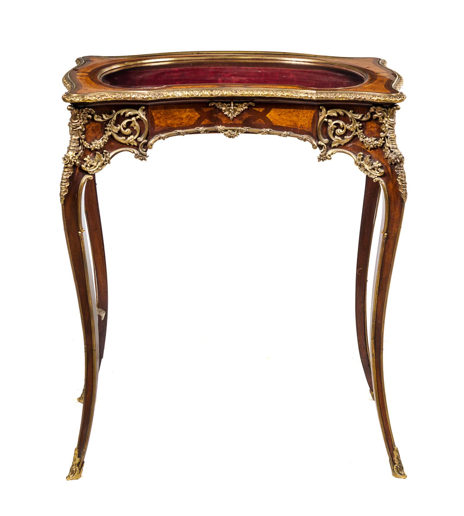 A Louis XV Style Gilt Bronze Mounted Burlwood Vitrine Table Height 27 1/2 x width 24 x depth 14 inches. — EARLY 20TH CENTURY