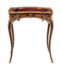 A Louis XV Style Gilt Bronze Mounted Burlwood Vitrine Table Height 27 1/2 x width 24 x depth 14 inches. — EARLY 20TH CENTURY