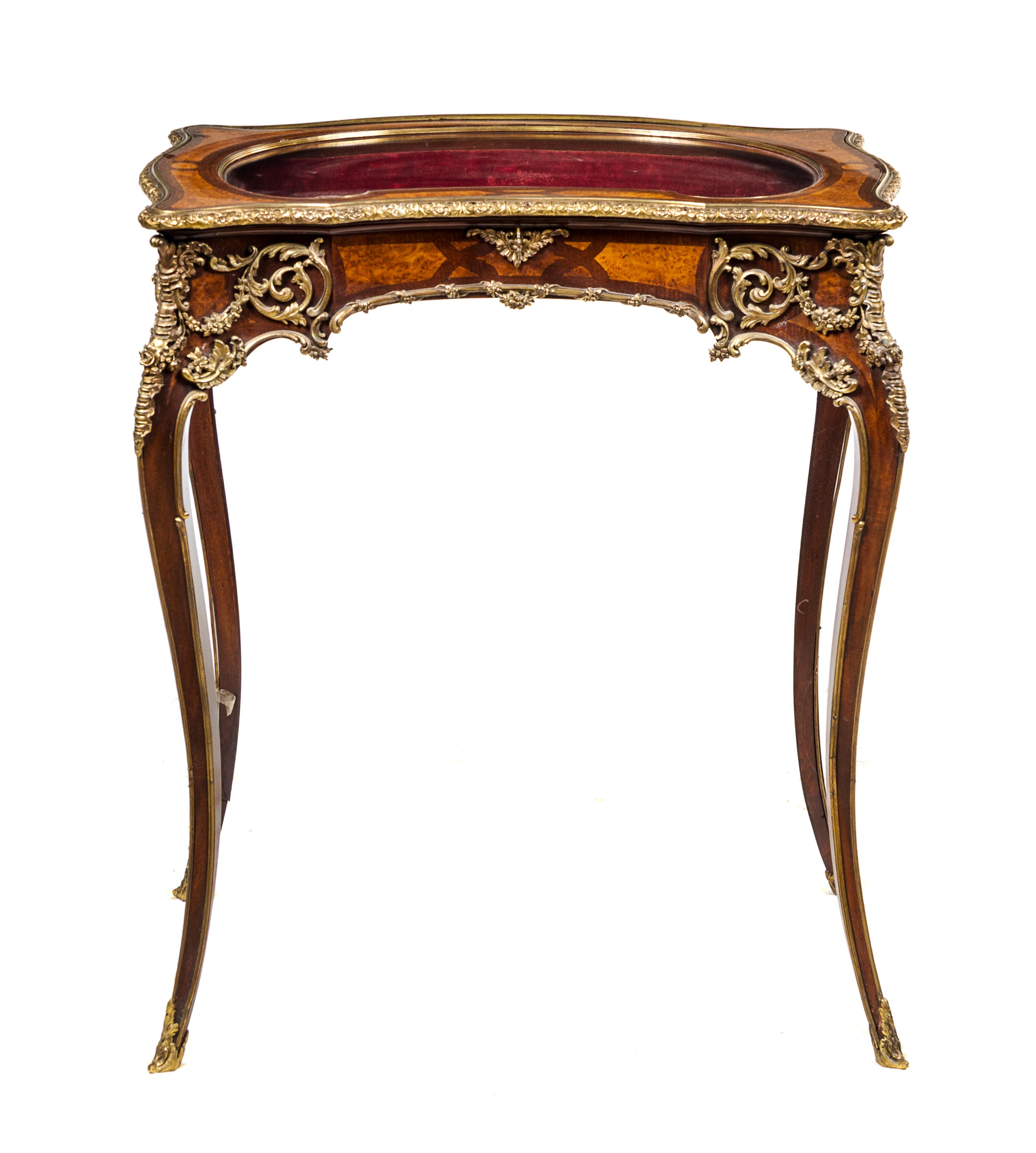 A Louis XV Style Gilt Bronze Mounted Burlwood Vitrine Table Height 27 1/2 x width 24 x depth 14 inches. — EARLY 20TH CENTURY