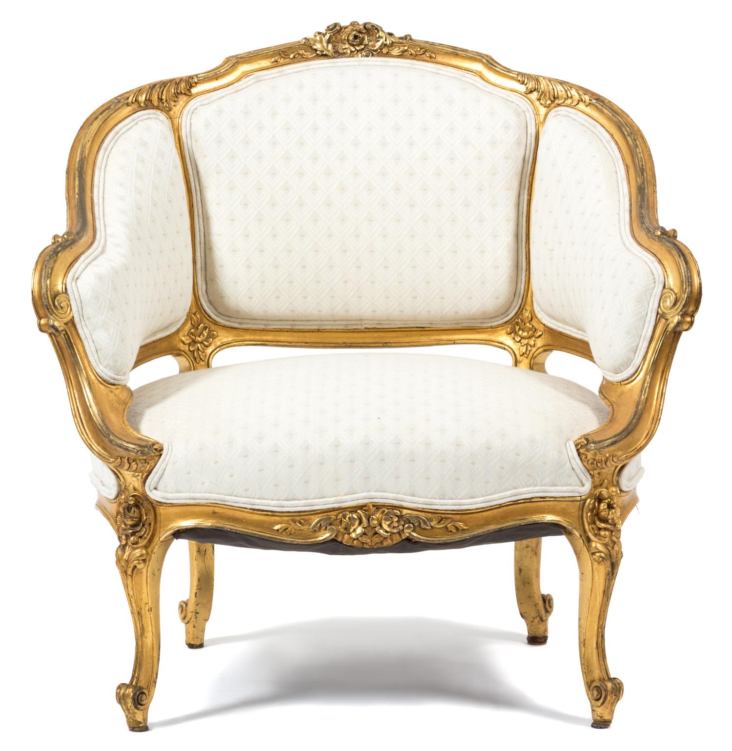 A Louis XV Style Giltwood Bergere Height 32 3/4 x width 32 x depth 22 inches. — LATE 19TH CENTURY