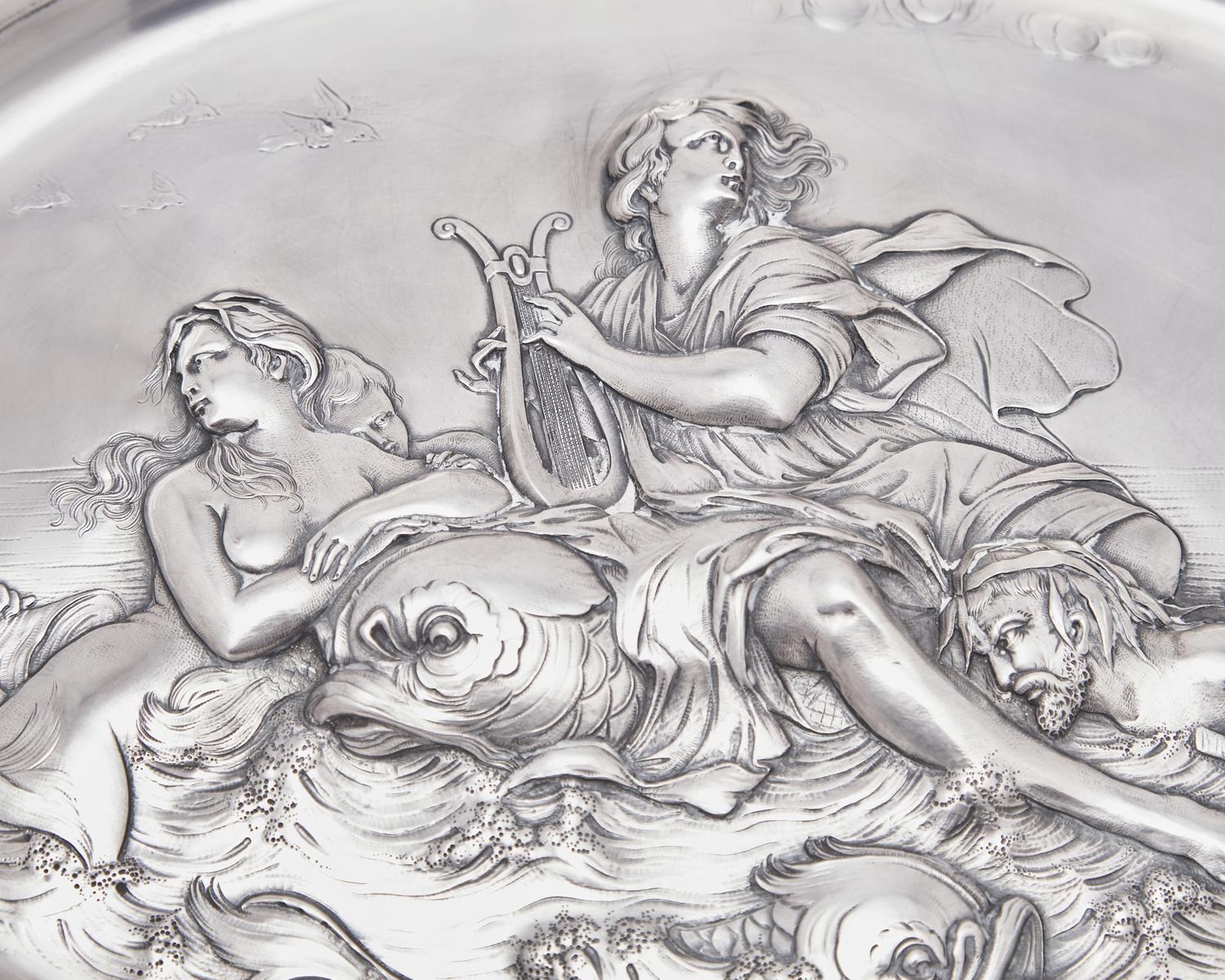 A German Renaissance Revival .800 silver repoussé tray, Bruckmann & Sohne, Heilbronn, Germany, circa 1900