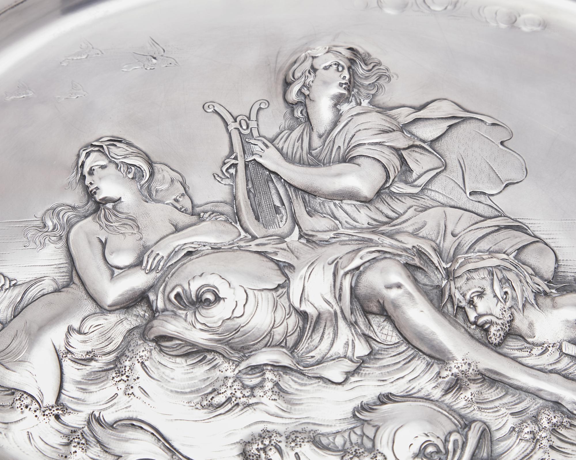 A German Renaissance Revival .800 silver repoussé tray, Bruckmann & Sohne, Heilbronn, Germany, circa 1900