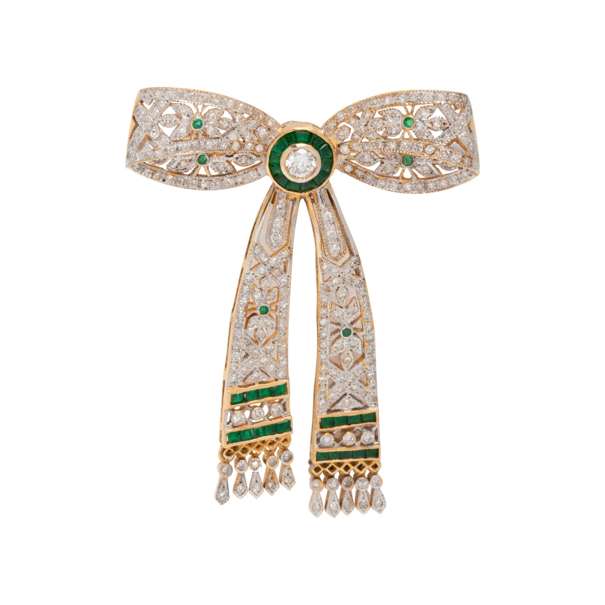 DIAMOND AND EMERALD BOW PENDANT/BROOCH