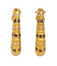 A Pair of 18 Karat Yellow Gold, Sapphire and Diamond Hoop Earclips, 26.00 dwts.