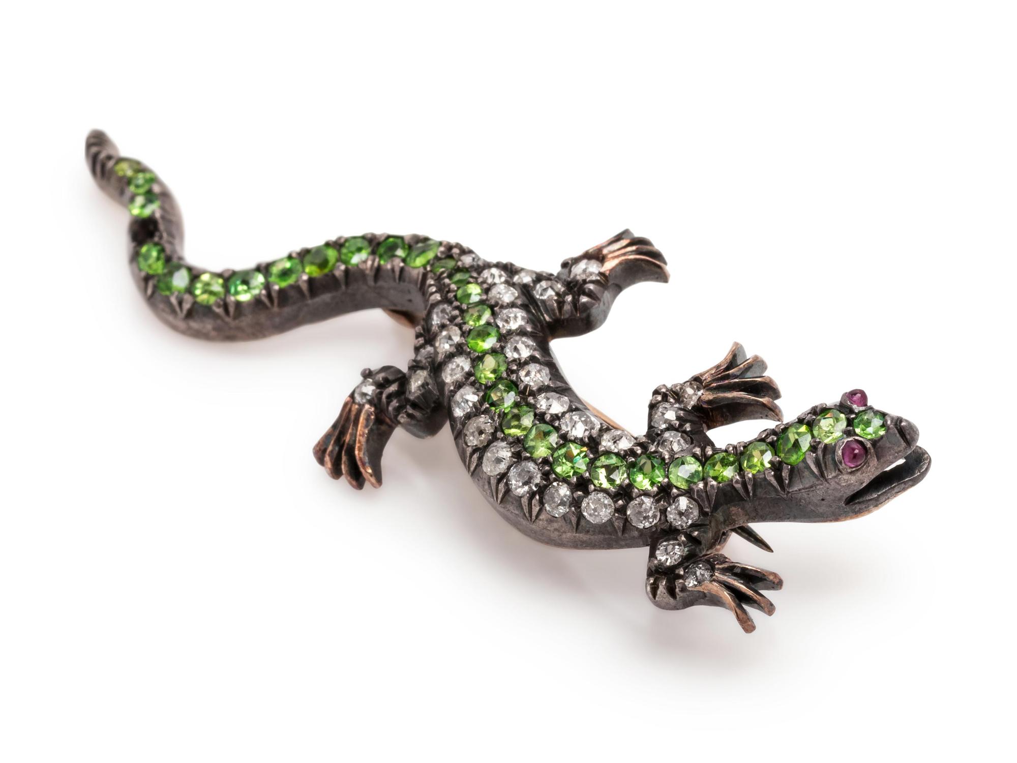 VICTORIAN, DIAMOND AND DEMANTOID GARNET LIZARD BROOCH