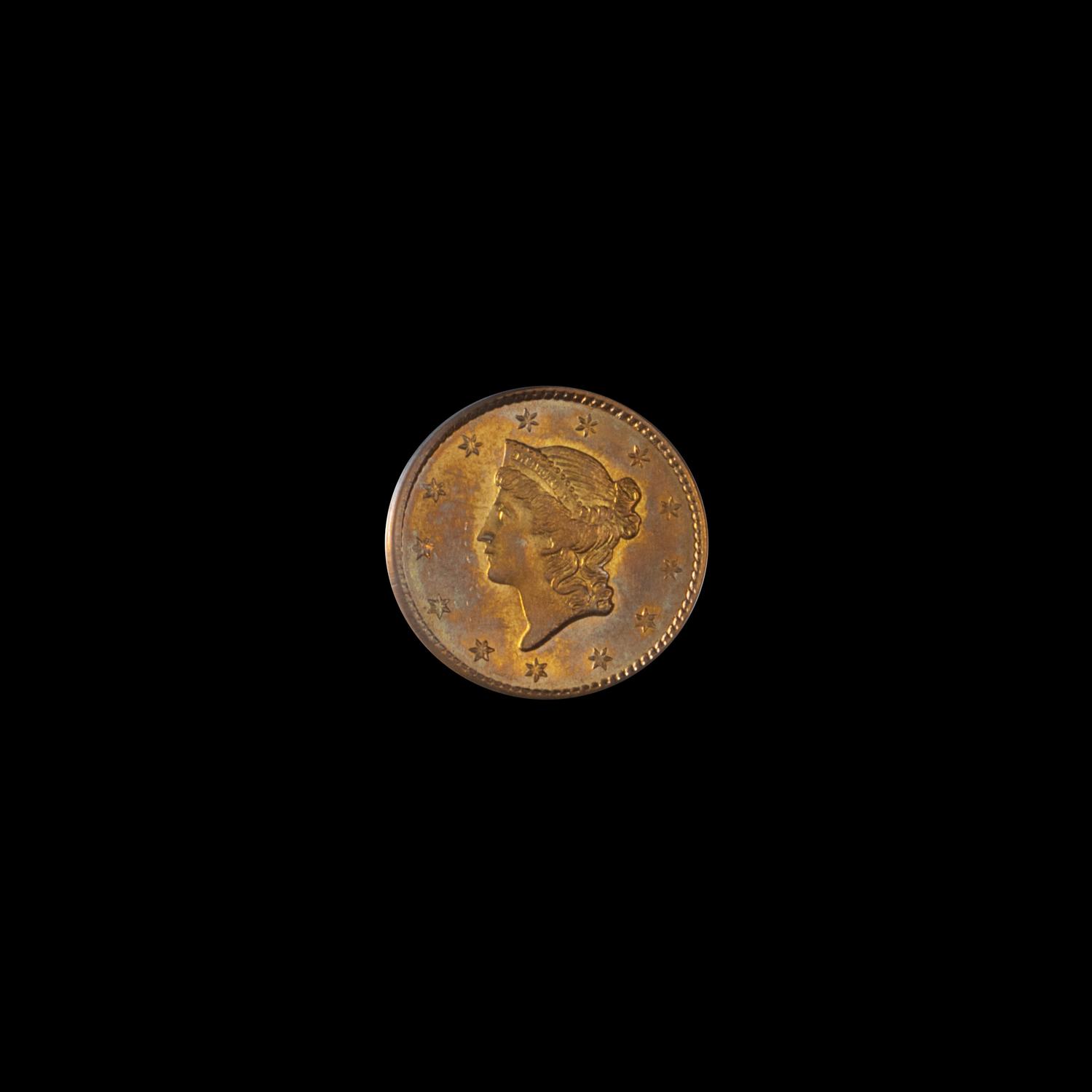 An 1851 Liberty Head: Type I $1 Gold Coin (PCGS MS61)