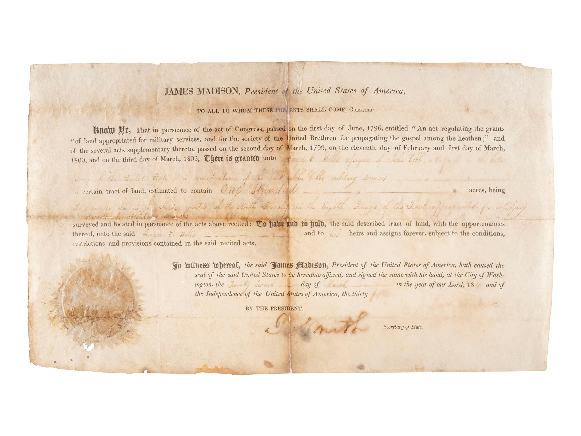 [POLITICS] - [PRESIDENTS]. Group of 8 land grants including one signed by James Madison.