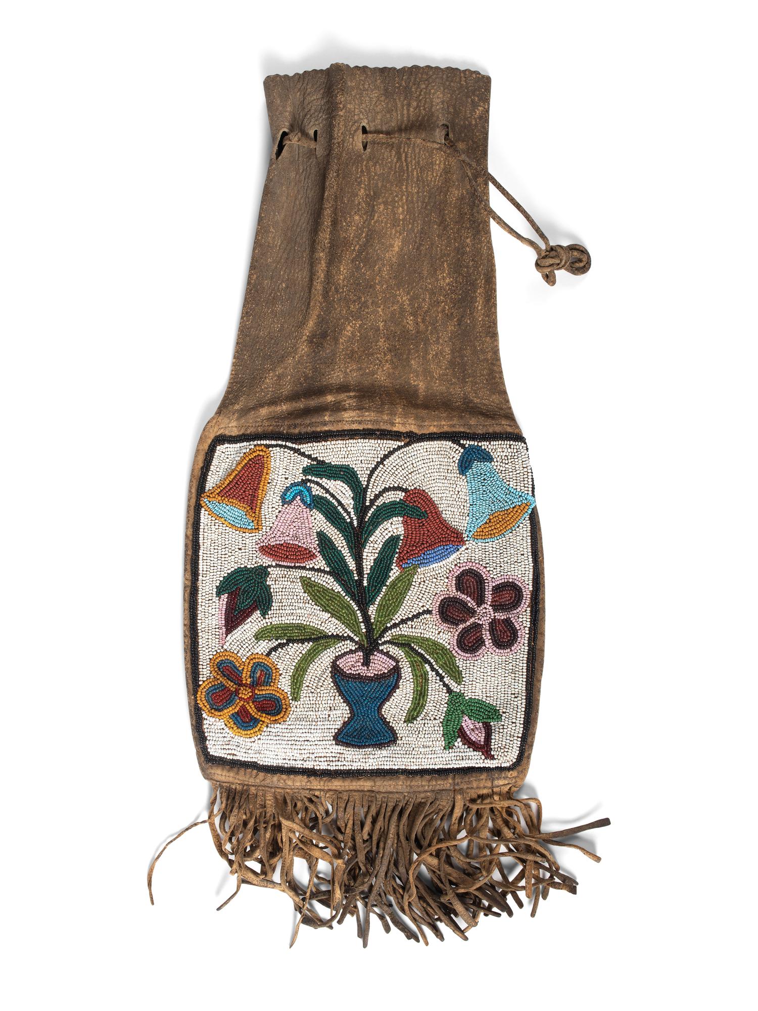 Great Lakes Beaded Hide Tobacco Bag, Depicting Flowers in a Vase
