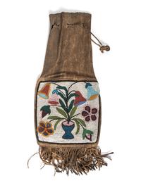 Great Lakes Beaded Hide Tobacco Bag, Depicting Flowers in a Vase