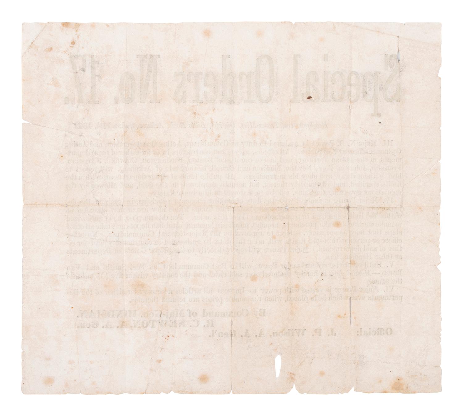 [CIVIL WAR - CONFEDERATE]. Special Orders No. 17 . Headquarters, Trans-Miss. District, Little Rock, Arkansas. 17 June 1862. [ With: ] Printed pass for Confederate soldier at Van Buren, Arkansas.