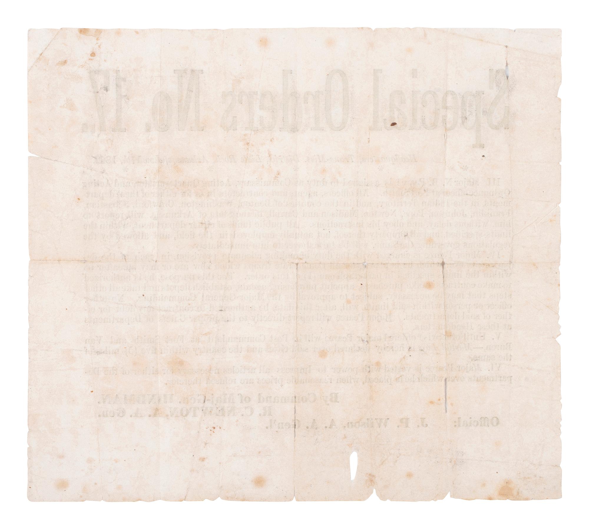 [CIVIL WAR - CONFEDERATE]. Special Orders No. 17 . Headquarters, Trans-Miss. District, Little Rock, Arkansas. 17 June 1862. [ With: ] Printed pass for Confederate soldier at Van Buren, Arkansas.
