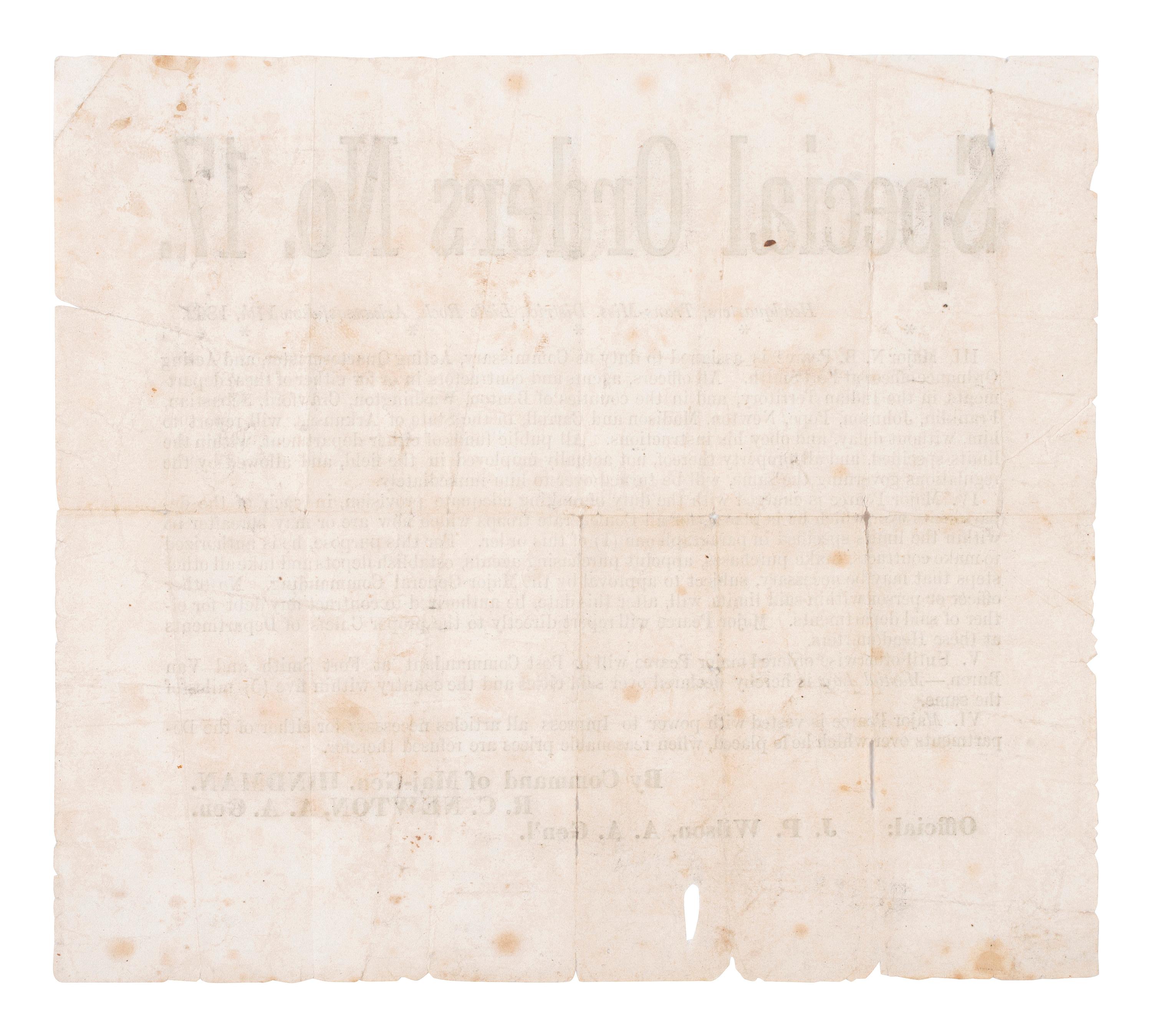 [CIVIL WAR - CONFEDERATE]. Special Orders No. 17 . Headquarters, Trans-Miss. District, Little Rock, Arkansas. 17 June 1862. [ With: ] Printed pass for Confederate soldier at Van Buren, Arkansas.
