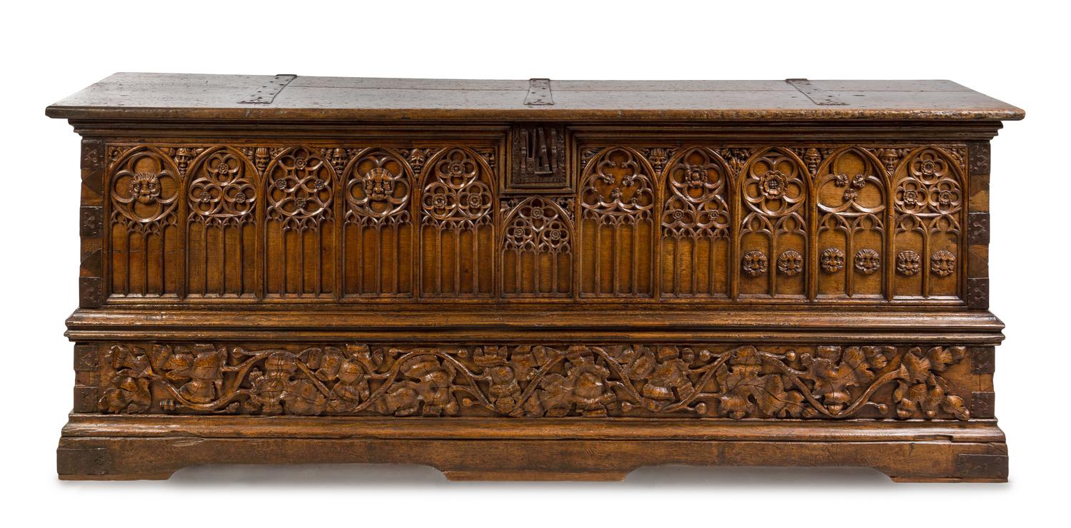 A French Gothic Iron Mounted Walnut Chest Height 37 x width 96 x depth 26 inches. — 16TH/17TH CENTURY