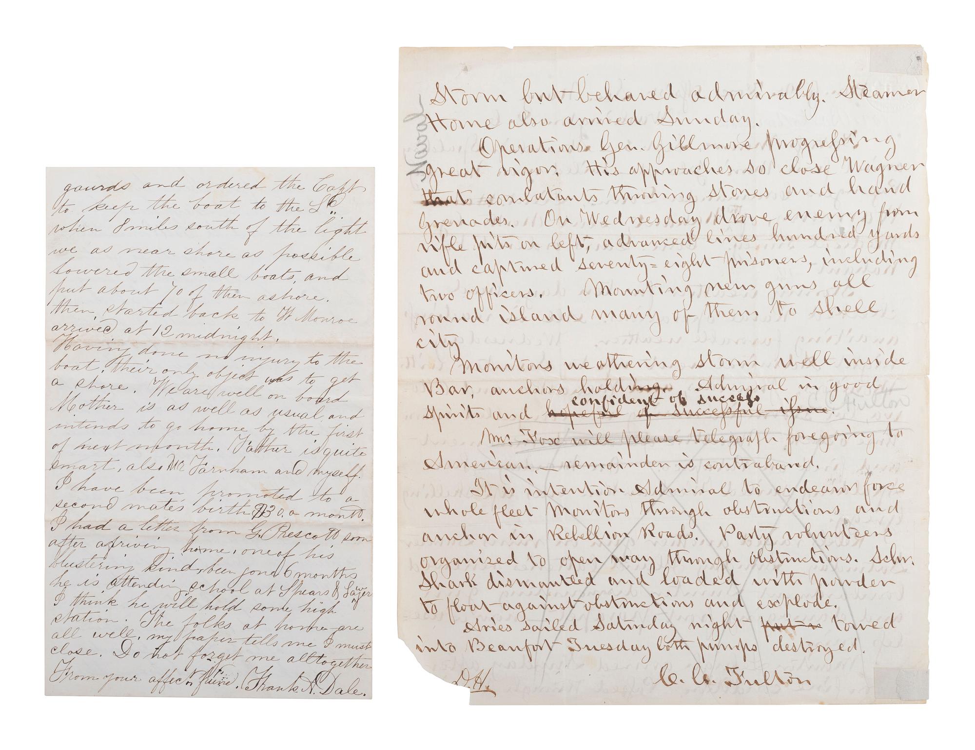 [CIVIL WAR]. Newspaperman's draft report on military operations at Fort Wagner and Fort Sumter.