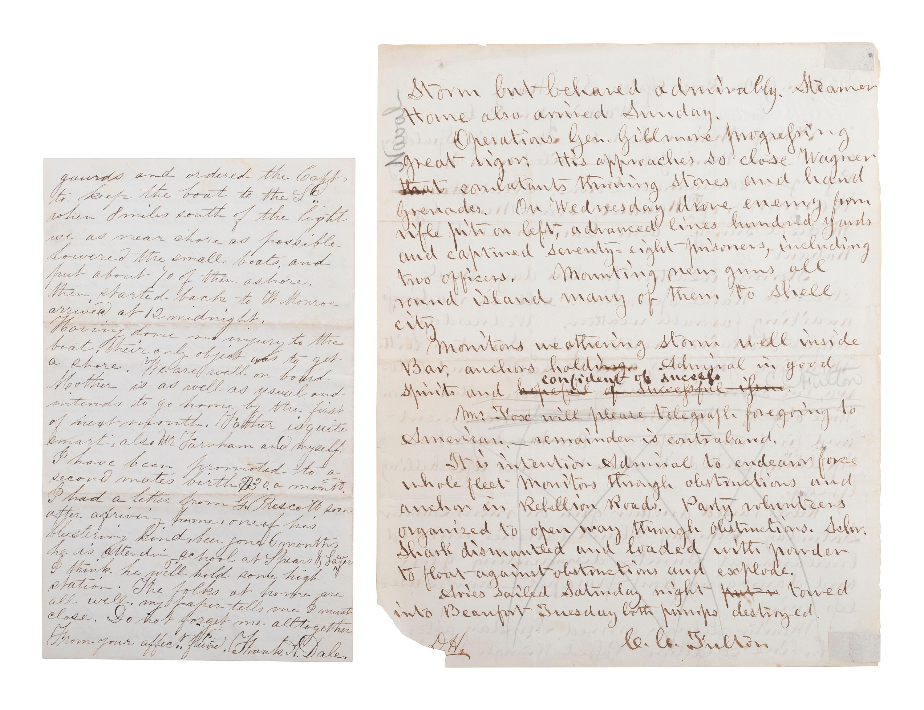 [CIVIL WAR]. Newspaperman's draft report on military operations at Fort Wagner and Fort Sumter.