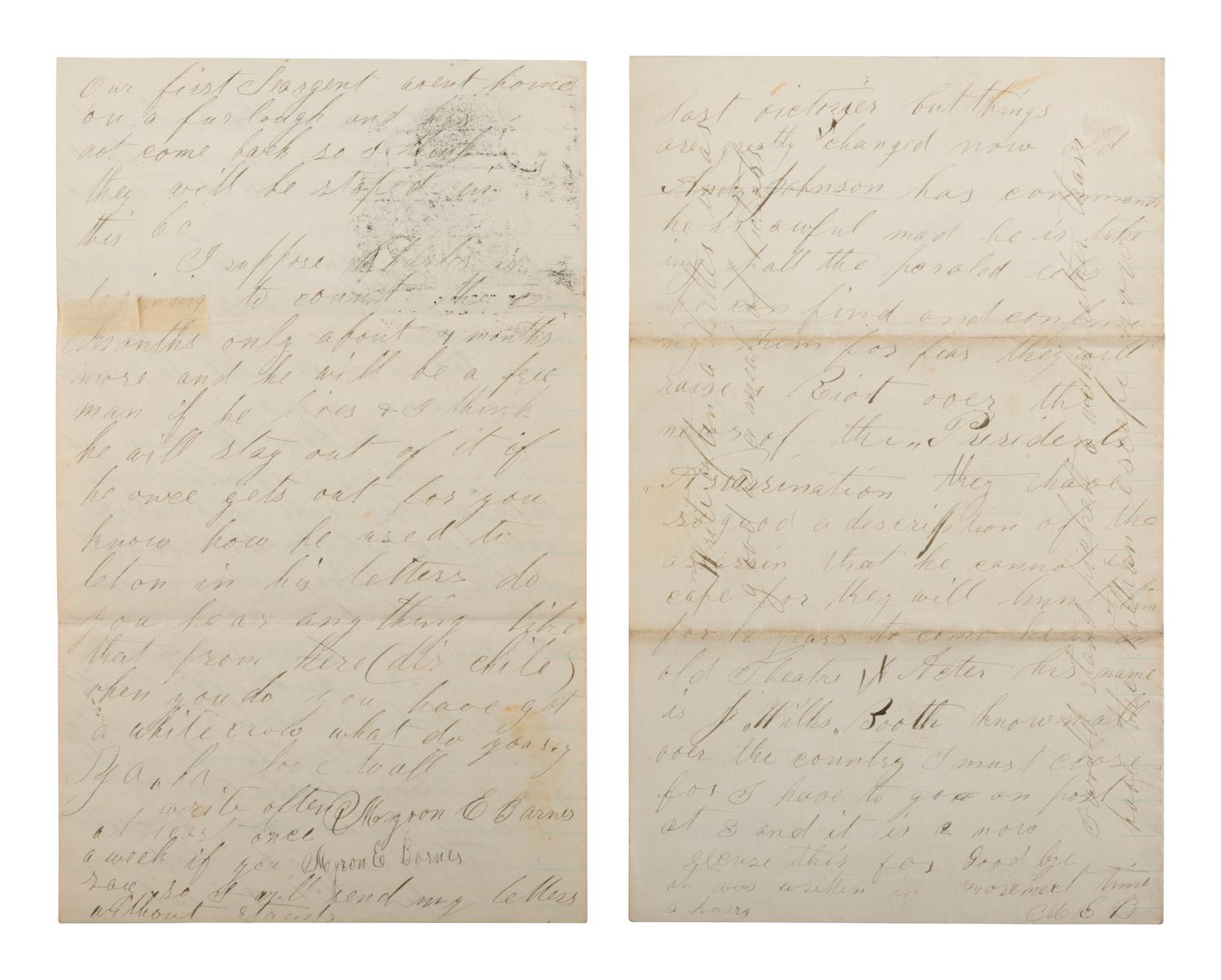 [LINCOLNIANA]. Soldier's letter describing the search for Booth and fear of attack at a DC fort.