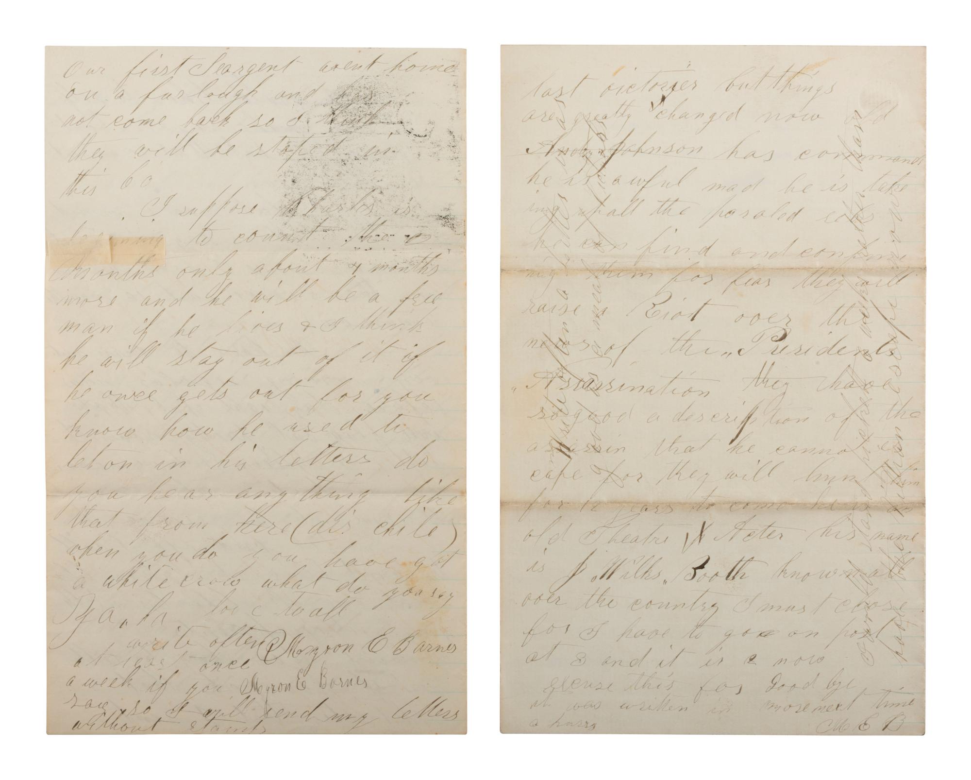 [LINCOLNIANA]. Soldier's letter describing the search for Booth and fear of attack at a DC fort.
