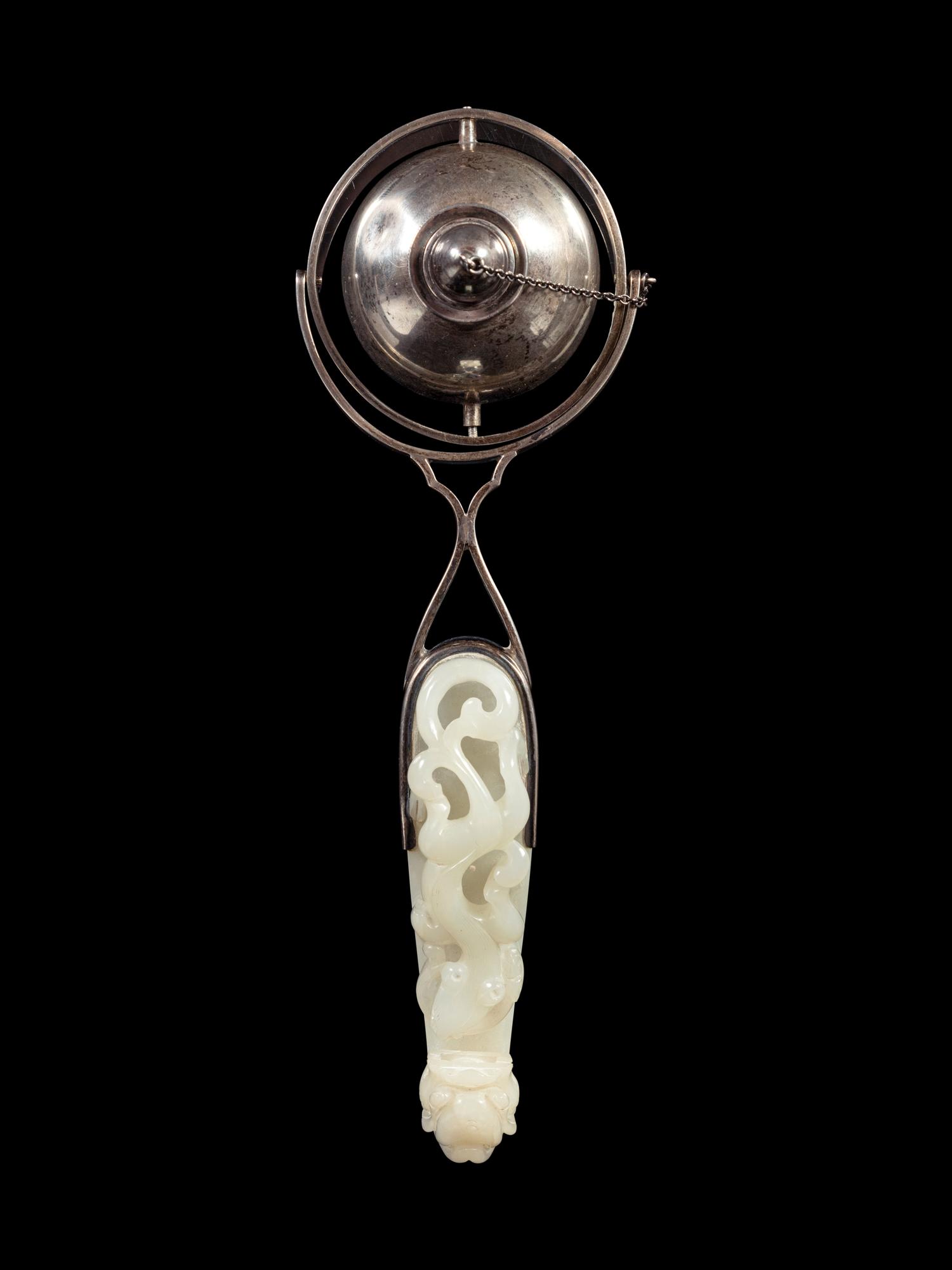 A White Jade Mounted Silver Gimbal Cigar Lighter