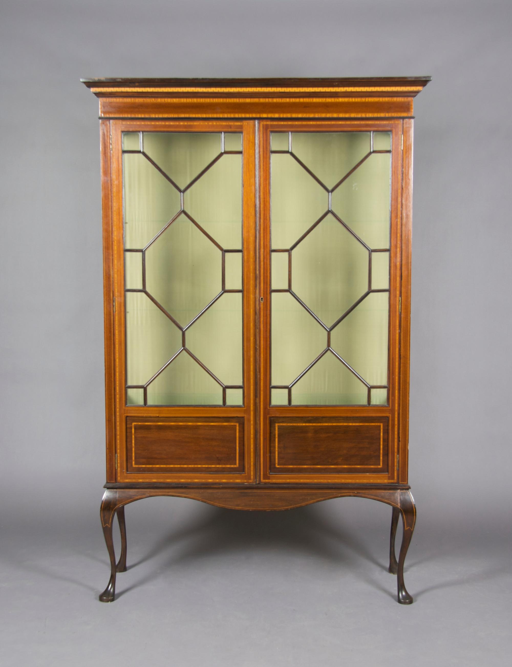 A Georgian Style Inlaid Vitrine Cabinet, Height 71 7/8 x width 46 1/4 x depth 14 1/4 inches.